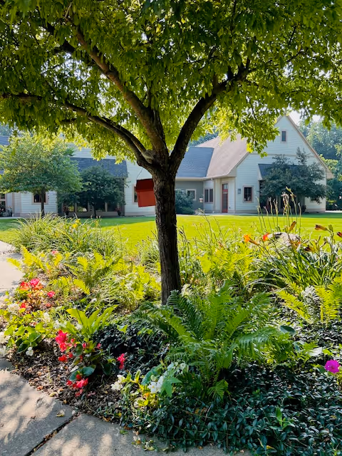 Exterior view of a hospice facility with trees, shrubs, and a manicured lawn.