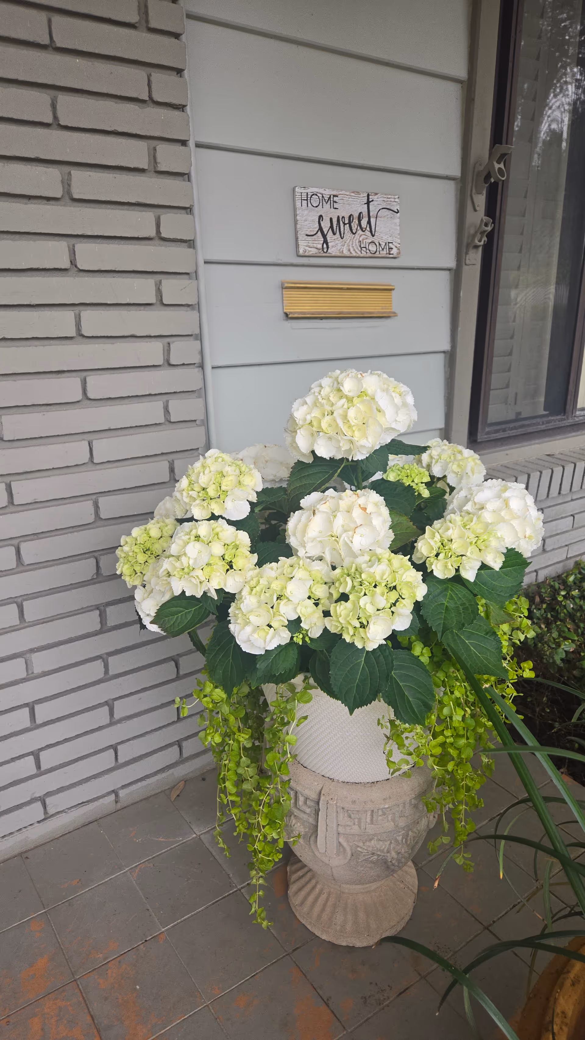 Outdoor entrance with a white hydrangea planter and a Home Sweet Home sign.