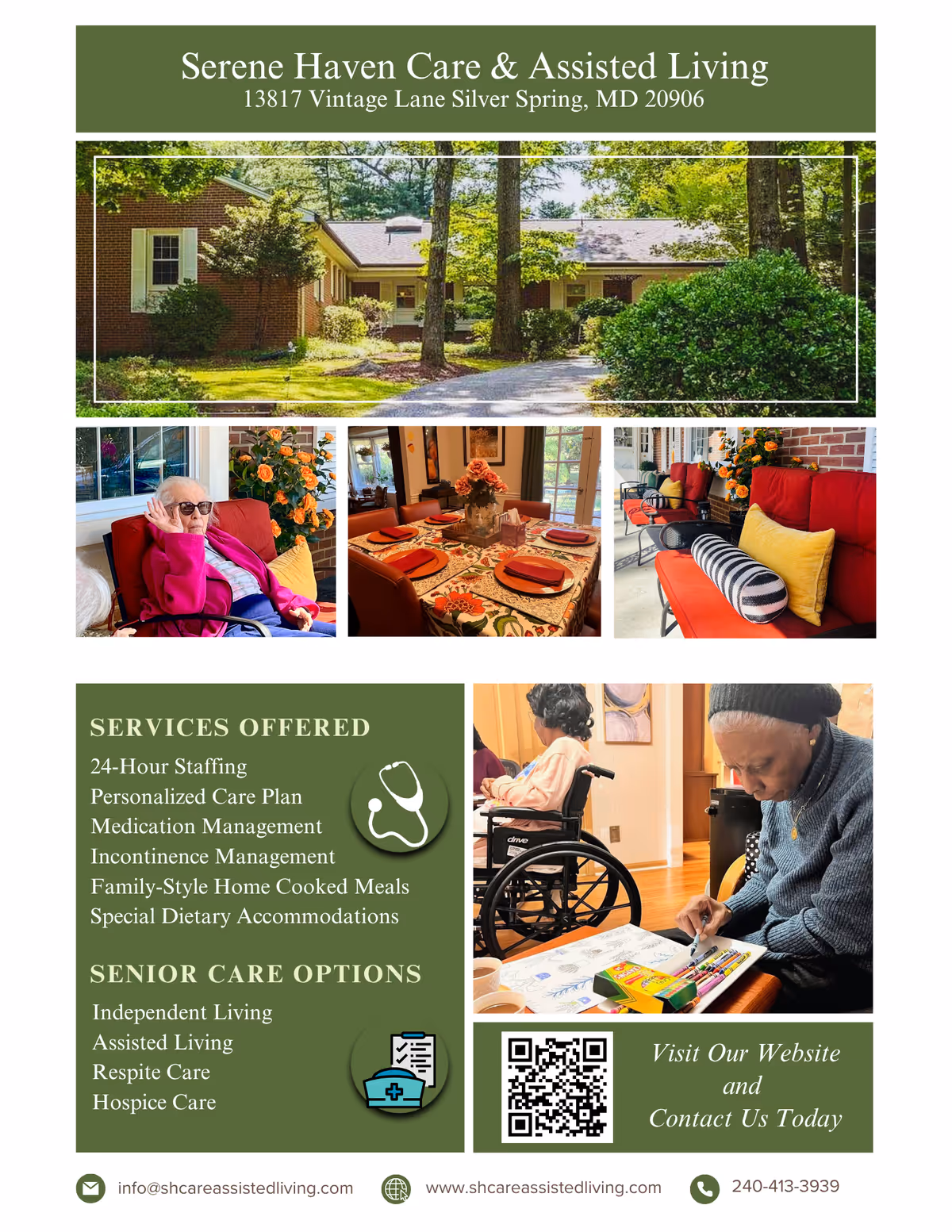 Exterior view of Serene Haven senior living facility with trees and greenery.
