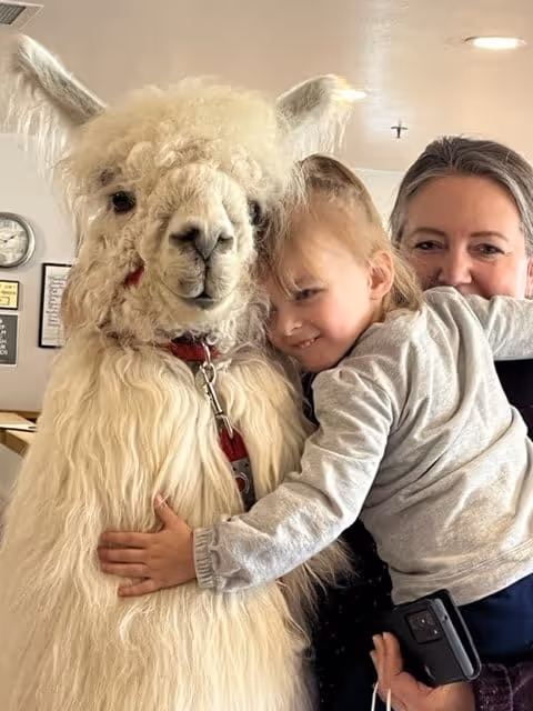 A young child hugging a white fluffy llama while being held by a smiling woman indoors.