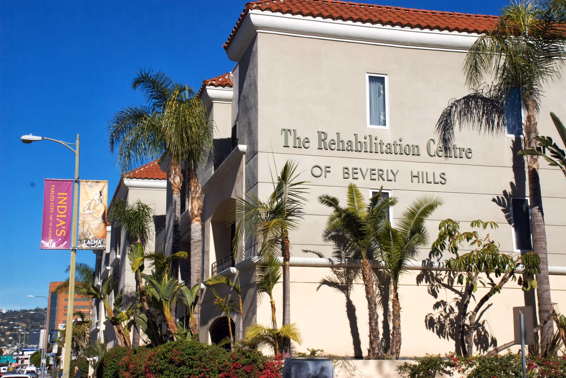 The Rehabilitation Centre of Beverly Hills building facade with palm trees and banners.