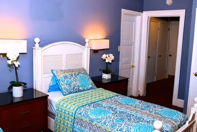 Blue-walled bedroom with white bed, nightstands, lamps, and potted plants near the door.