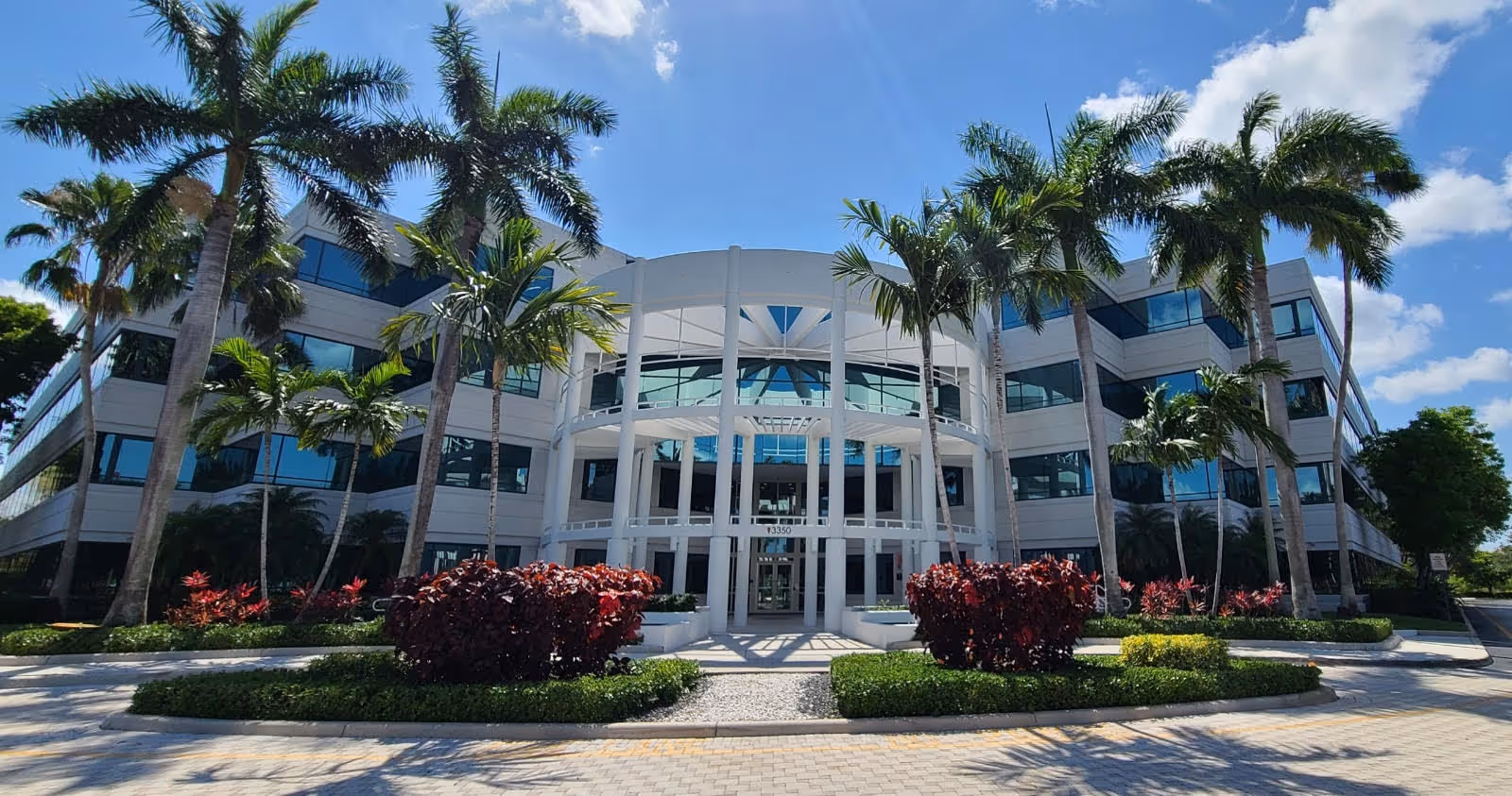 Modern white building with large glass windows, palm trees, and a curved front entrance.