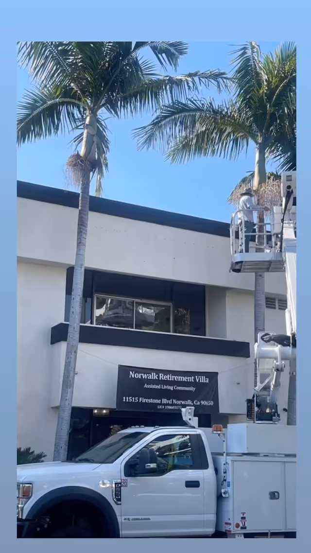 Exterior view of Norwalk Retirement Villa, an assisted living community, showing the building facade with a black and white sign displaying the facility name and address. Two tall palm trees flank the entrance, and a white utility truck with a worker on a lift is positioned in front of the building under a clear blue sky.