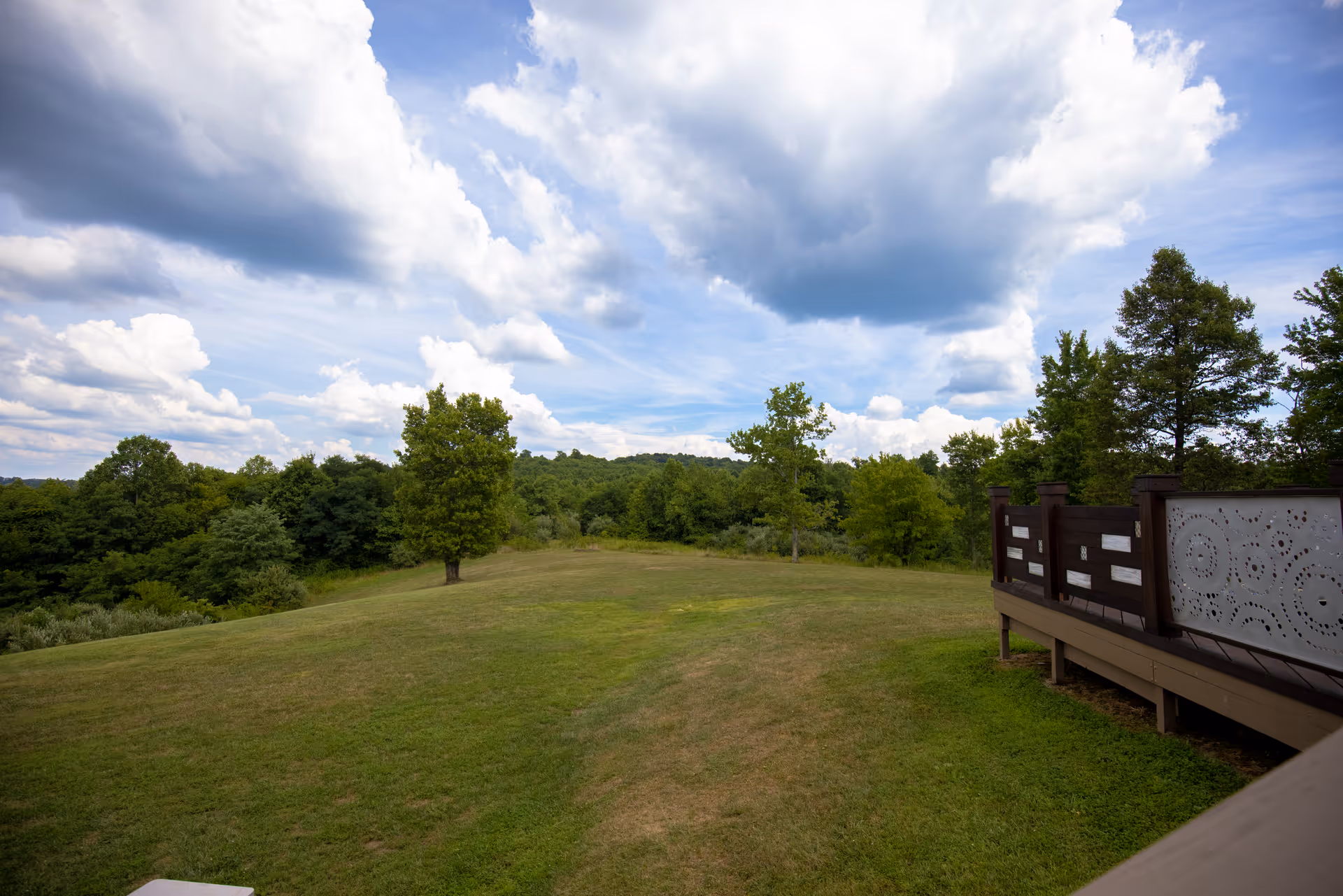 Open grassy field with trees and a wooden deck railing under cloudy sky.