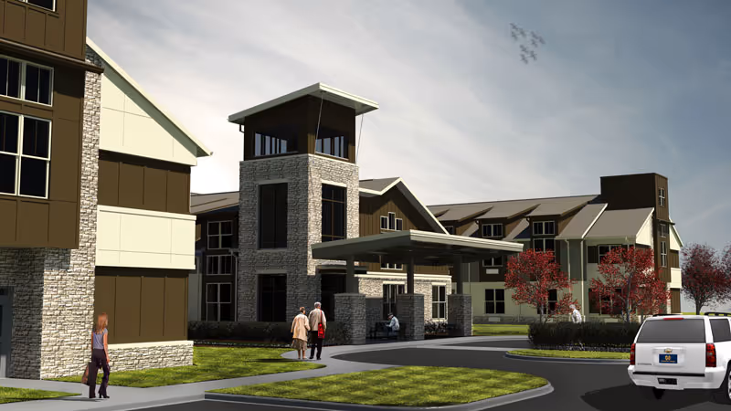 Exterior view of Wellbrooke of South Bend facility with entry canopy.