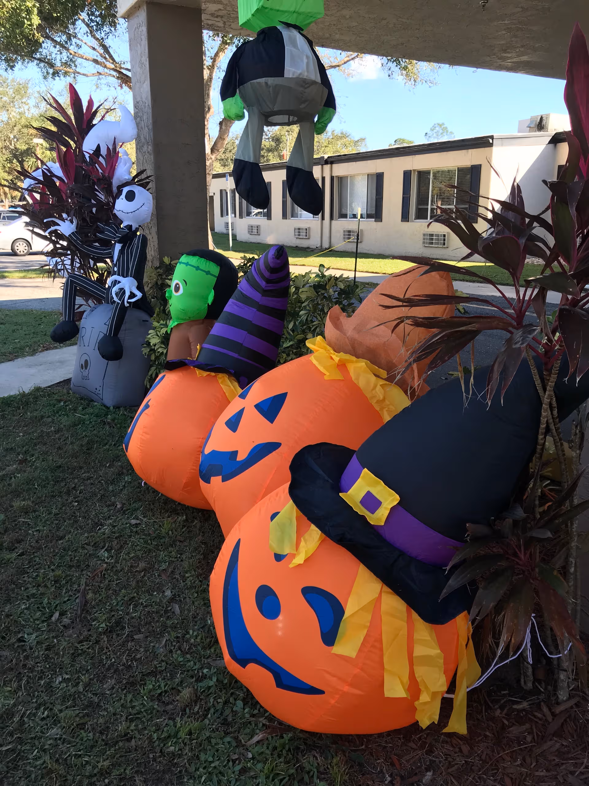 Outdoor Halloween decorations with inflatable pumpkins outside LaBelle Health and Rehabilitation Center.