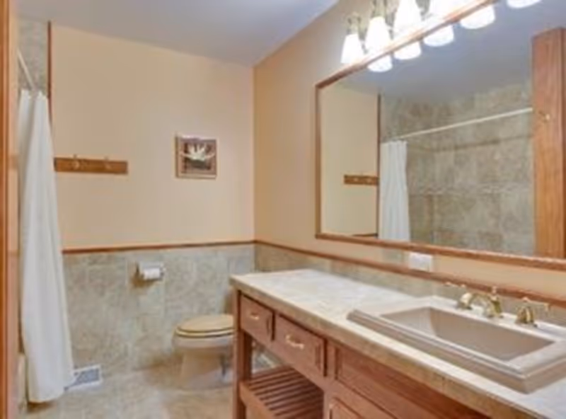 A bathroom with a wooden vanity, sink, mirror, toilet, and shower curtain.