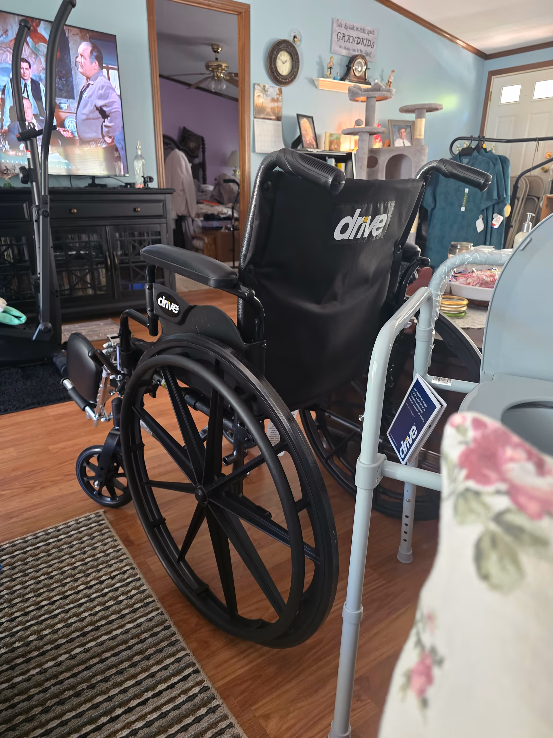Wheelchair in a cluttered living room with TV, furniture, and a cat tree.