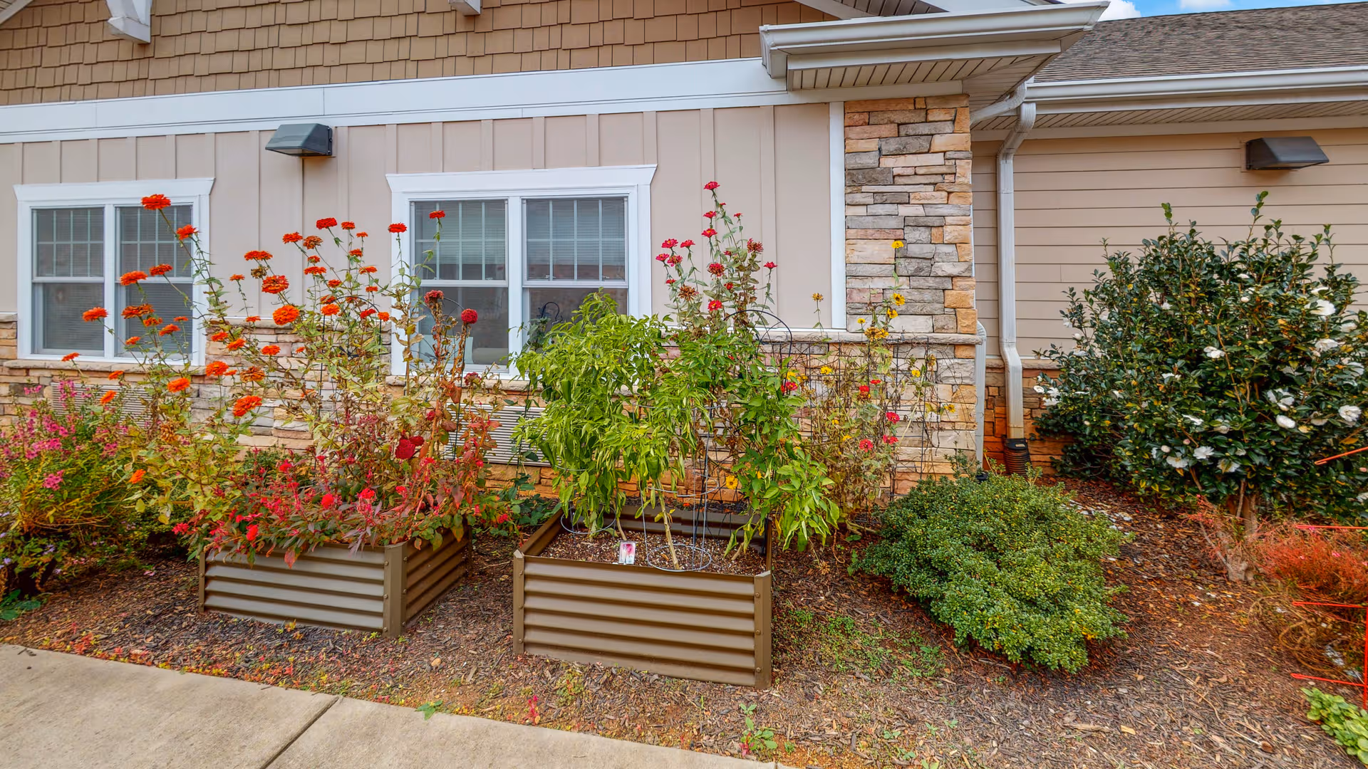 Exterior of a senior living facility with flower-filled planters along a brick wall.