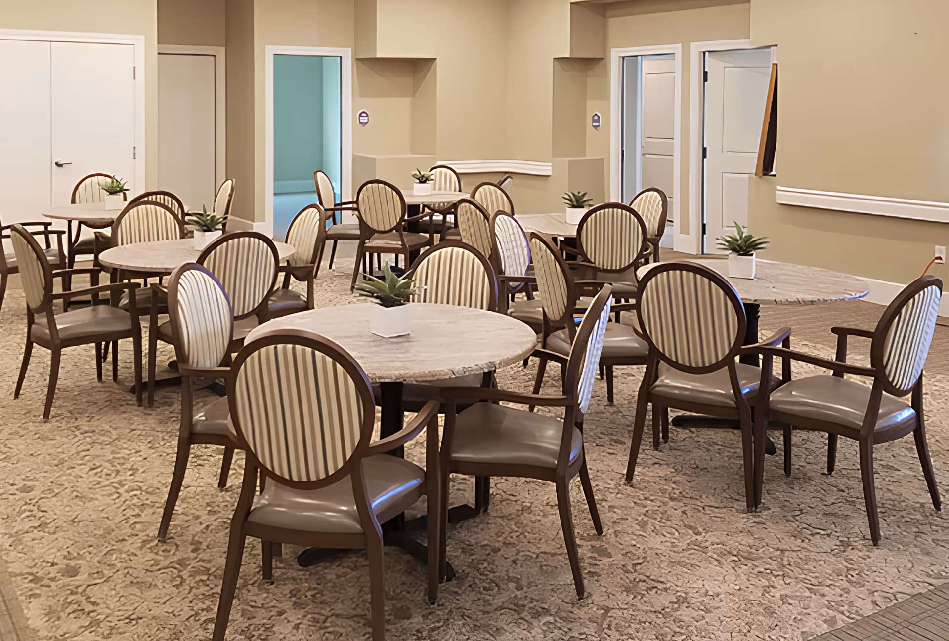 Round tables with striped upholstered chairs arranged in a carpeted communal dining room with small potted plants on each table.