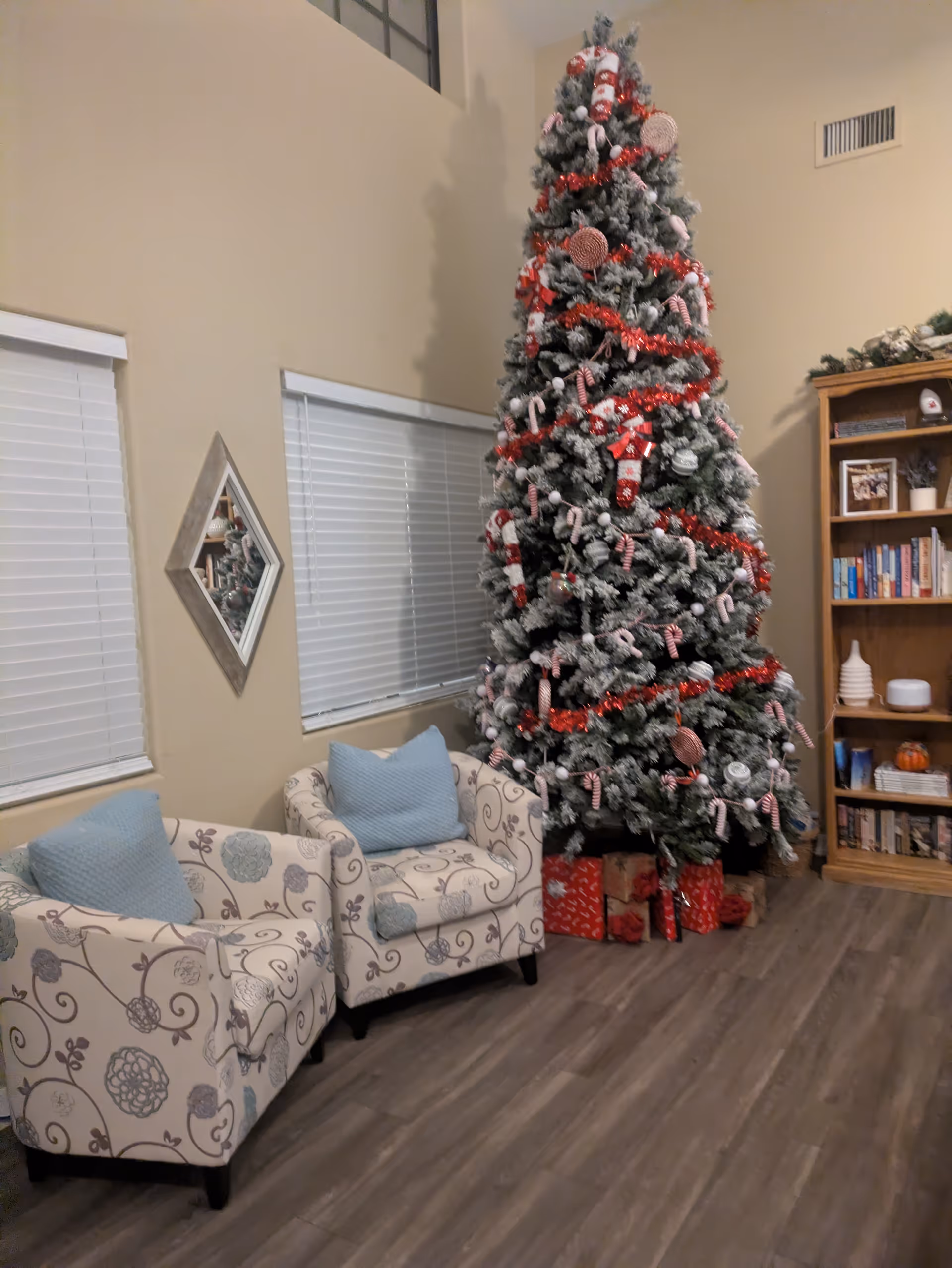 Cozy living room in Hope Haven: patterned chairs, decorated Christmas tree, gifts, and a bookshelf.