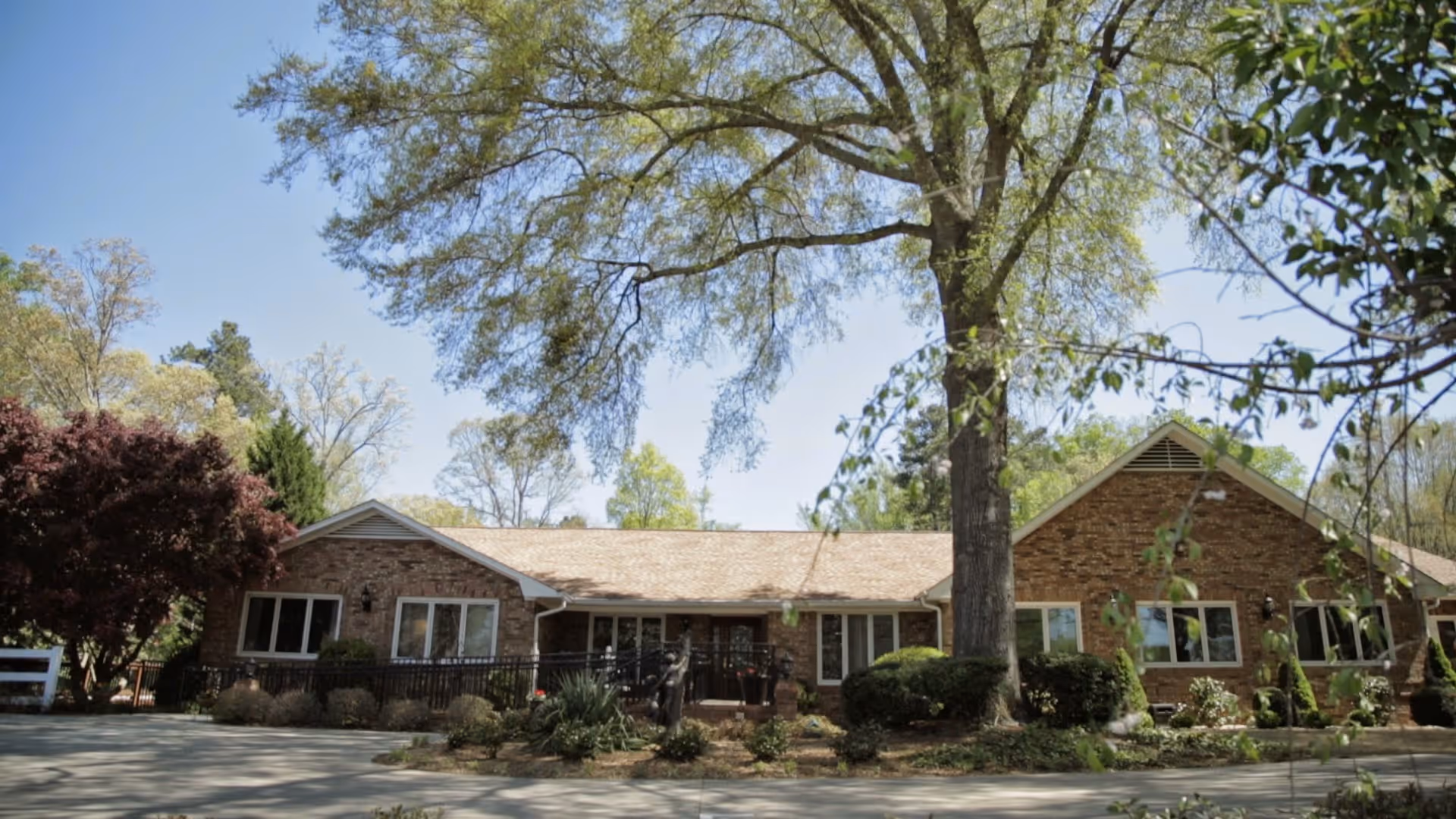 Mayfield Oaks senior living facility front entrance with a large tree and landscaping