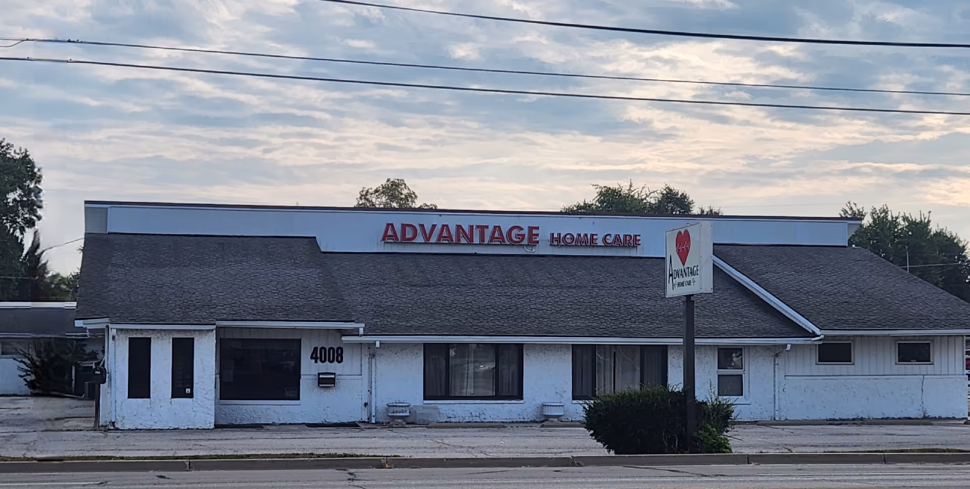 A single-story building with Advantage Home Care signage along the front facade.