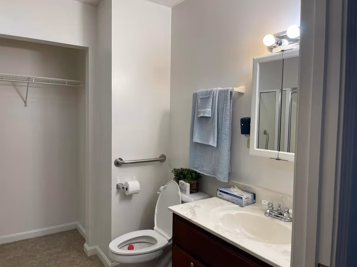 Small bathroom with sink, mirror, toilet, towels, grab bar, and open closet.