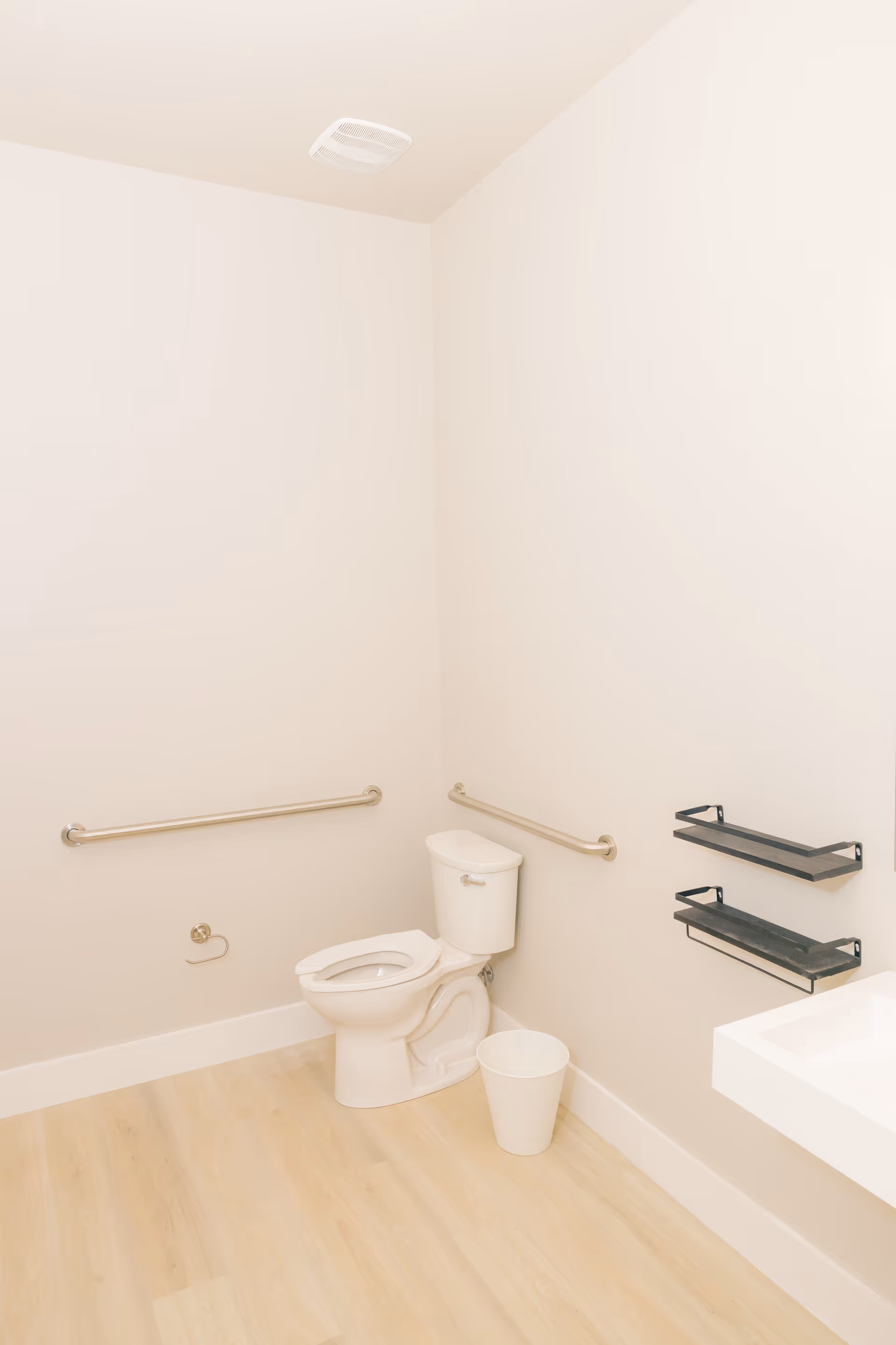 White bathroom with toilet, grab bars, shelves, and a sink.