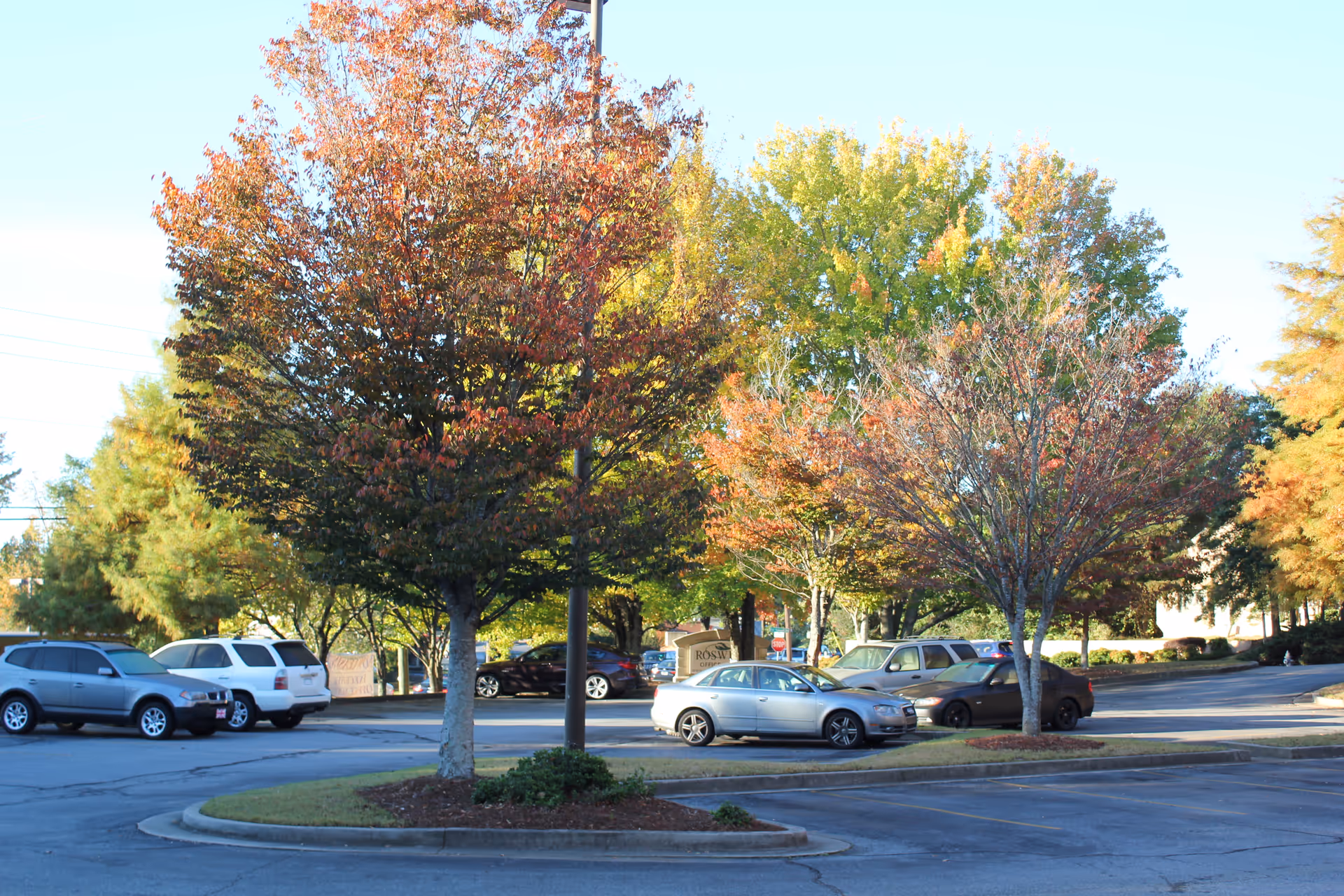 Parking lot with autumn-colored trees and parked cars outside a facility.