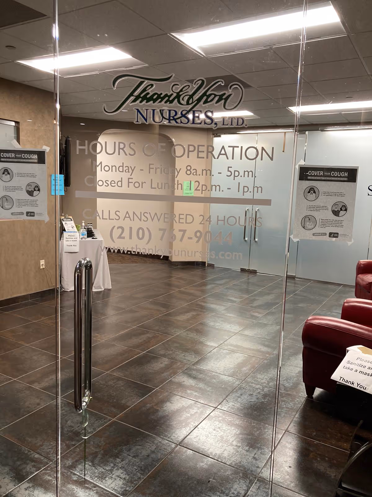 Glass entrance doors display Thank You Nurses, Ltd signage and hours in a tiled lobby.