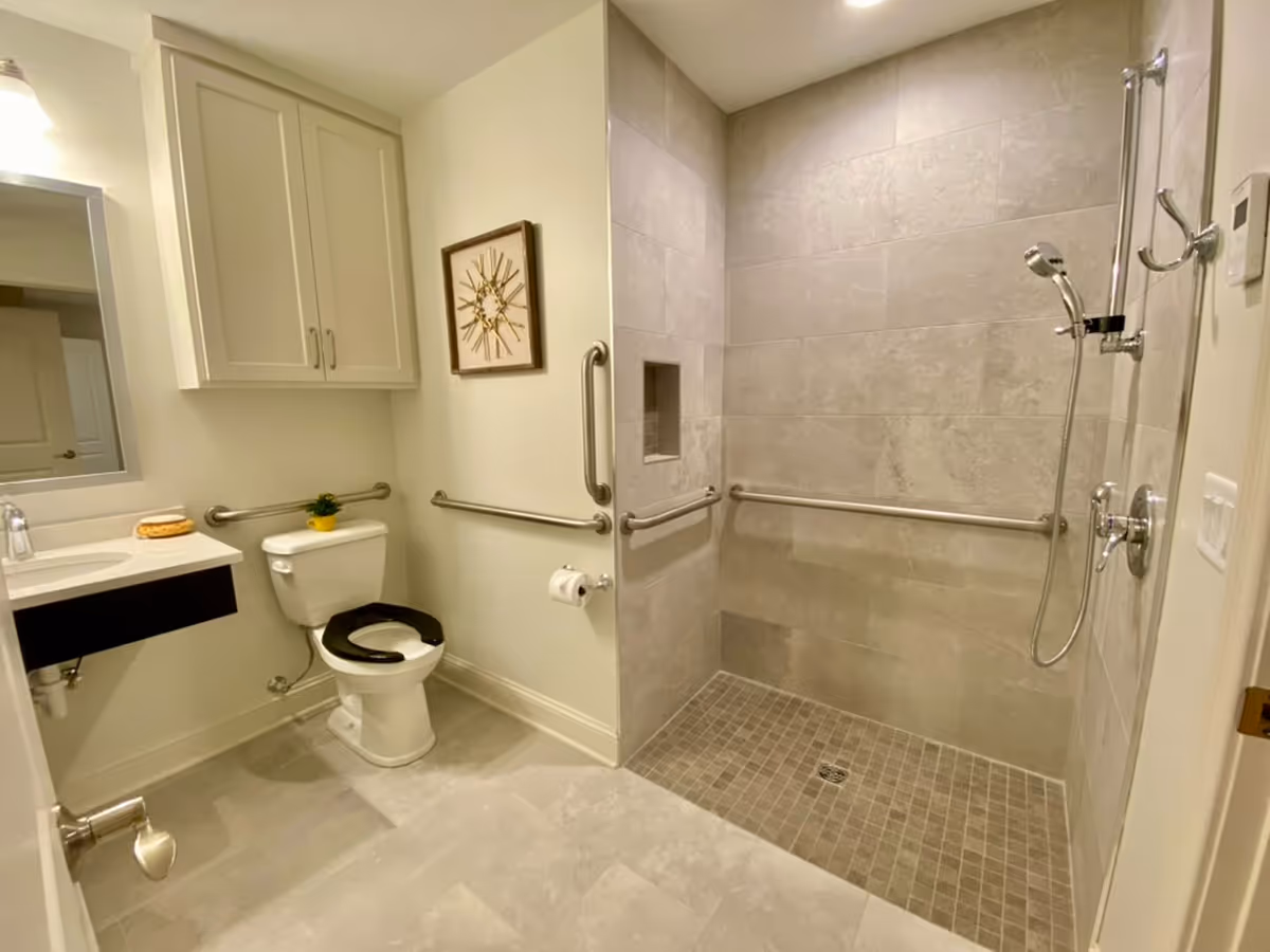 Accessible bathroom with a walk-in shower, grab bars, sink, and toilet.