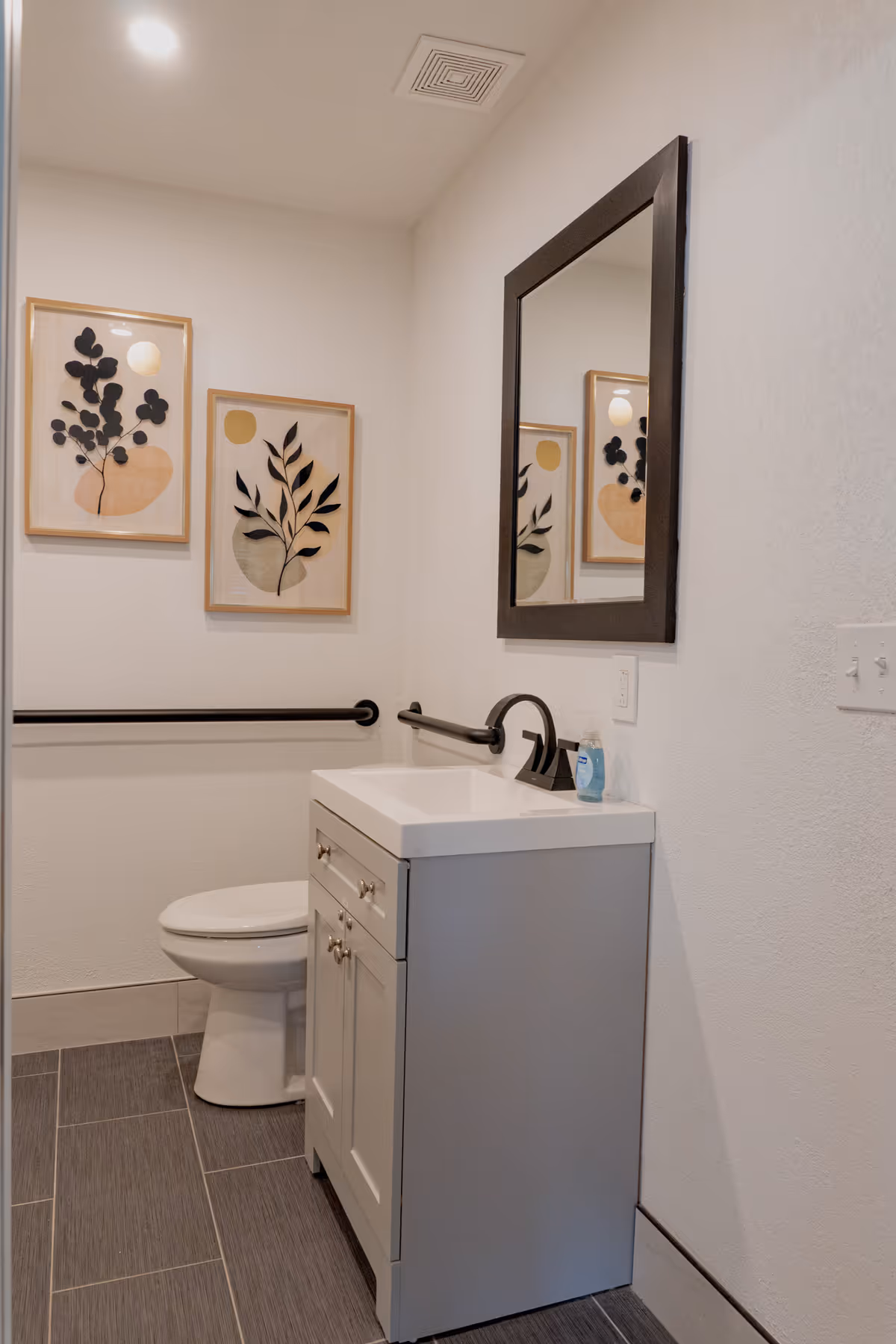 Small bathroom with sink, toilet, mirror, artwork, and grab bars on pale walls.