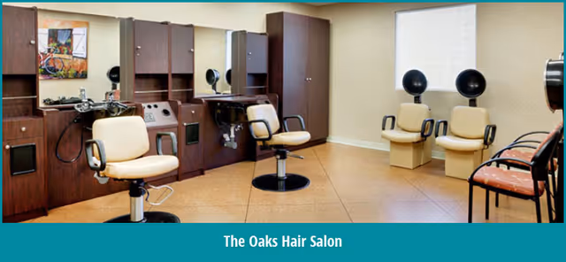 Hair salon interior with styling chairs, wash sinks, hooded dryers and wooden cabinetry.