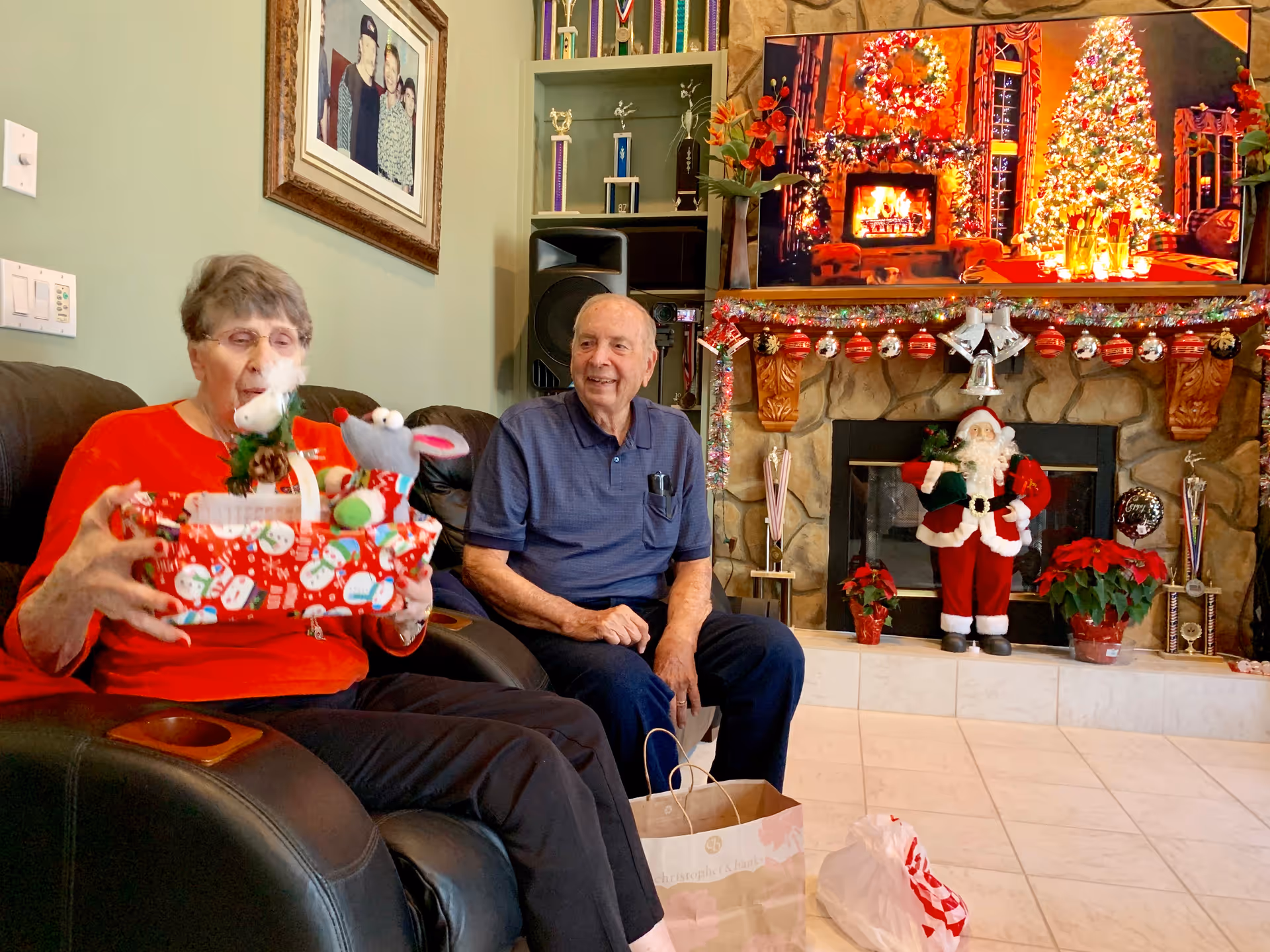 An elderly woman and man sitting in a living room decorated for Christmas. The woman is holding a festive gift basket with stuffed animals, while the man smiles beside her. Behind them is a stone fireplace adorned with Christmas decorations including a Santa figure, poinsettias, and garlands. A TV above the fireplace displays a cozy Christmas scene with a decorated tree and a lit fireplace.