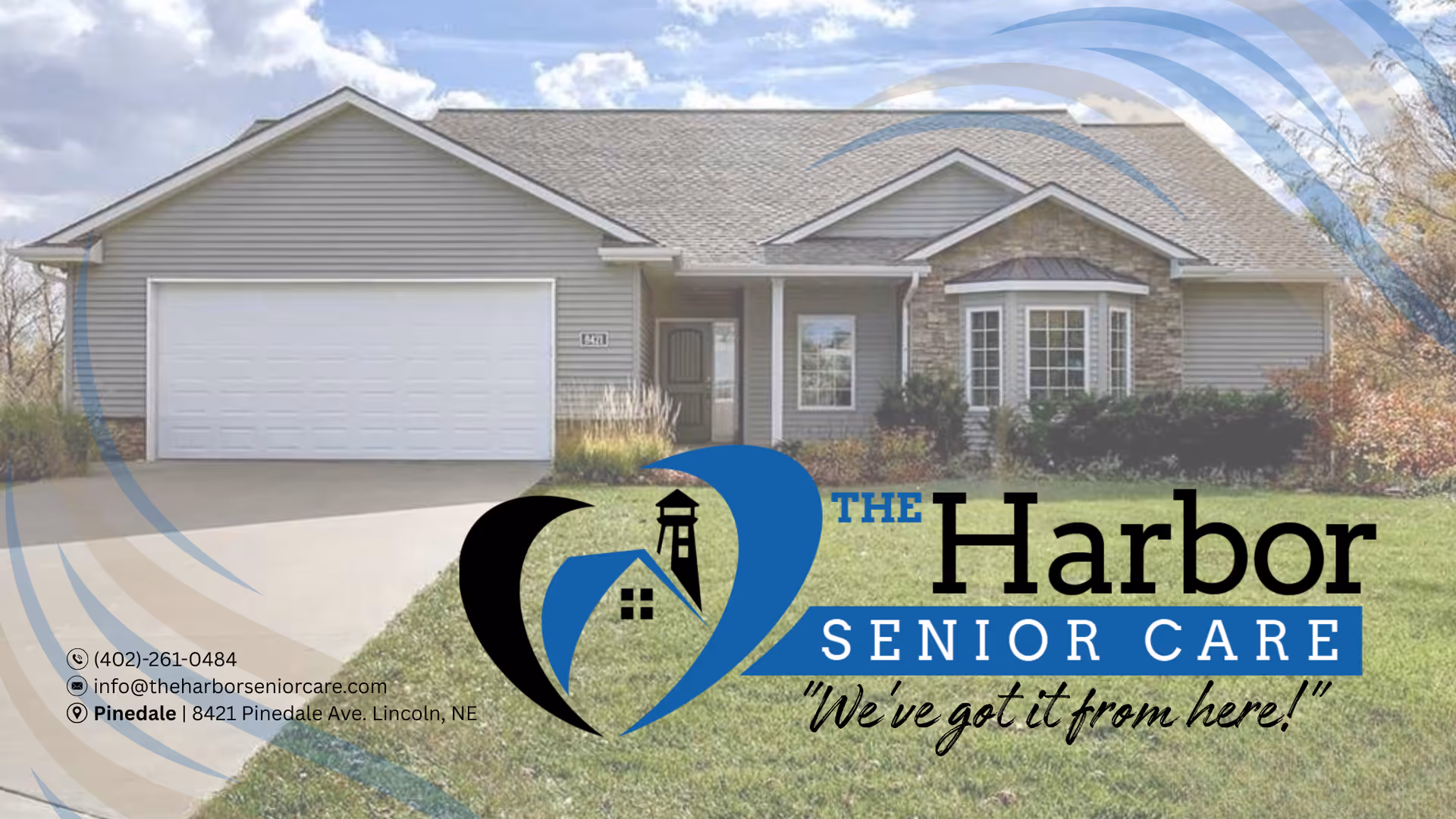 Exterior of a gray, single-story senior care home with Harbor branding on lawn.