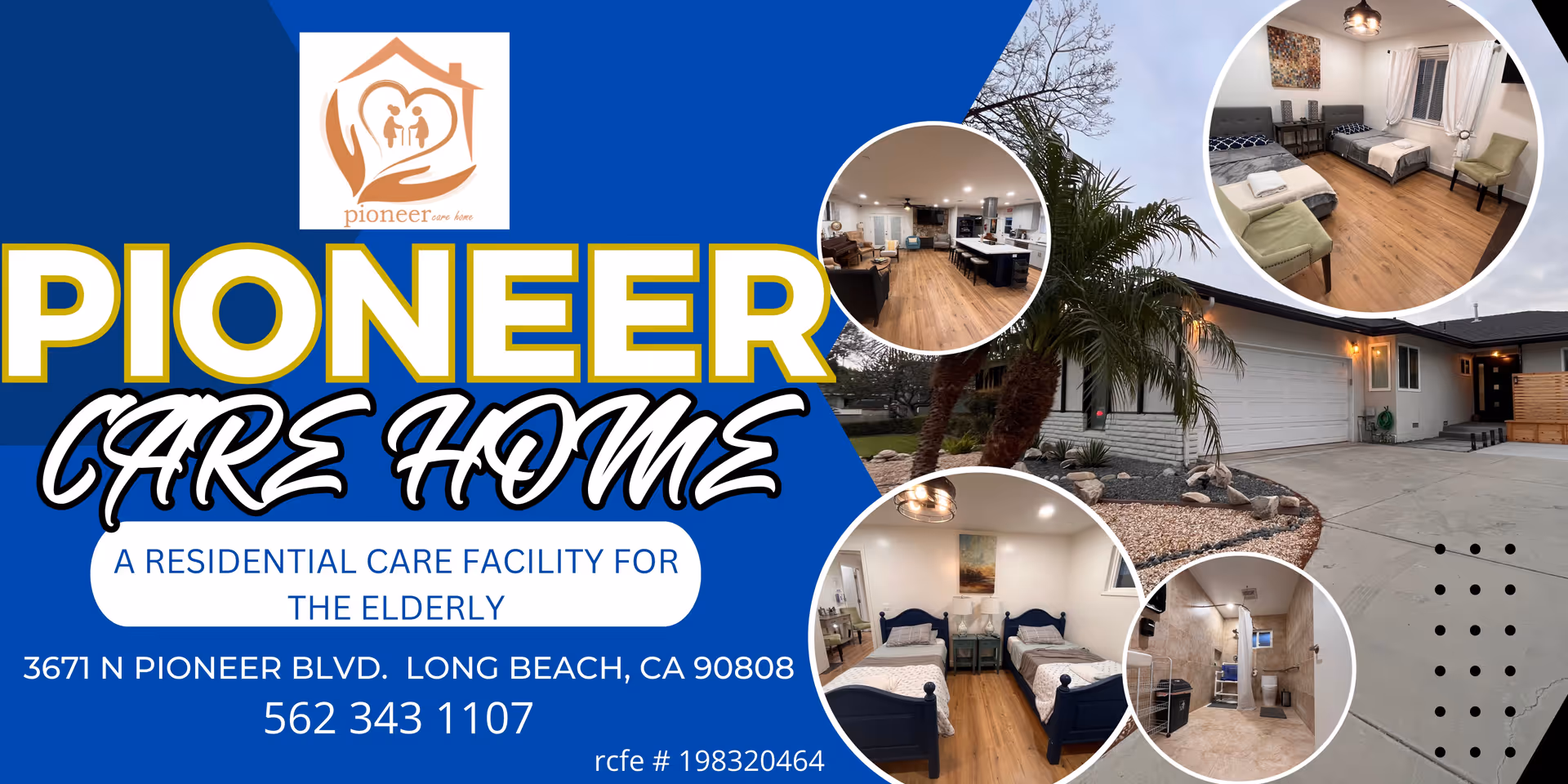 Blue promotional banner for Pioneer Care Home showing exterior building and circular interior photos.