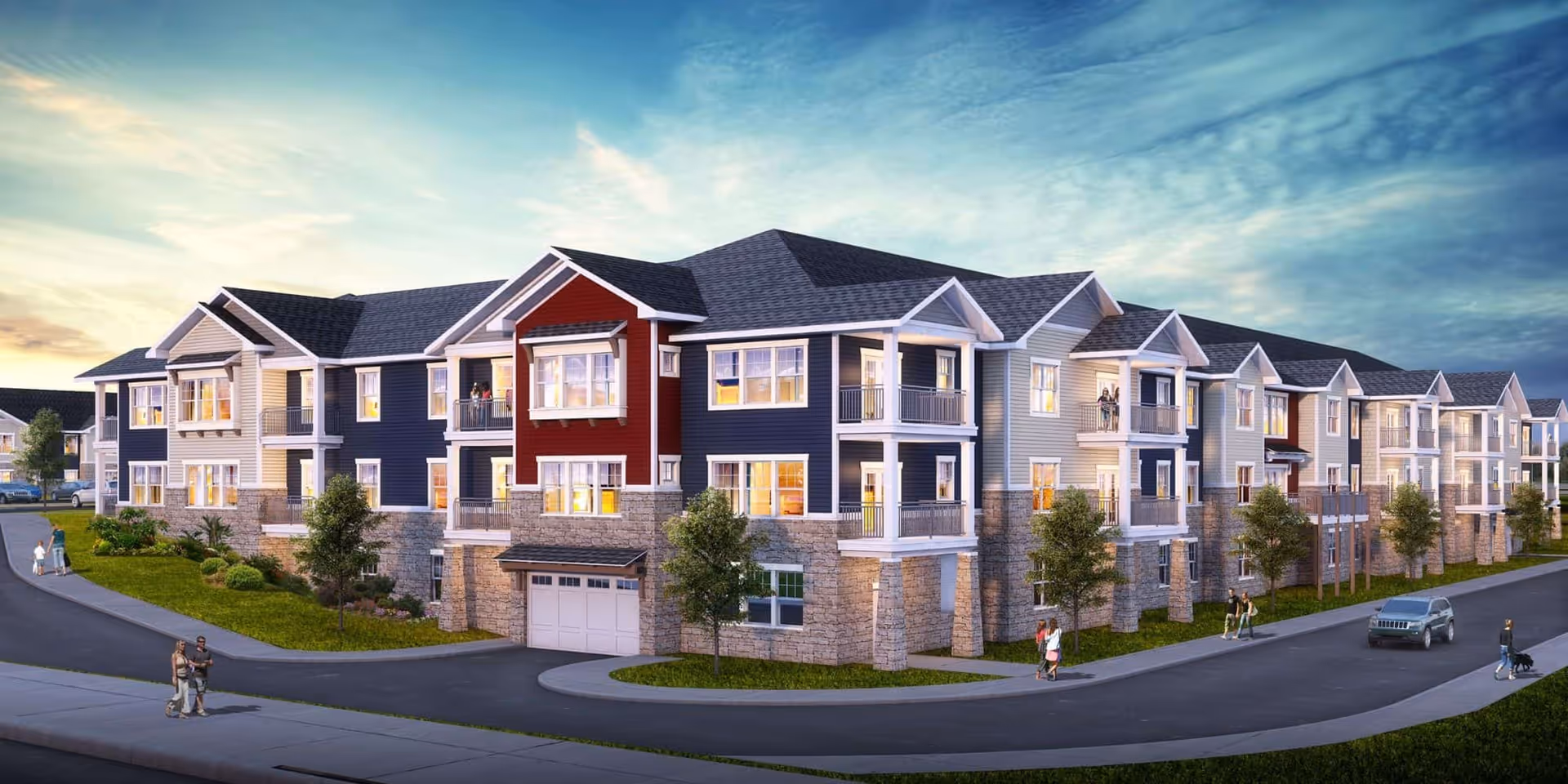 Exterior view of a multi-unit senior living facility with blue siding and stone accents.