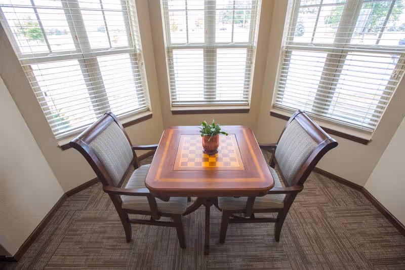 Wooden dining table with two chairs and a plant by sunlit windows.