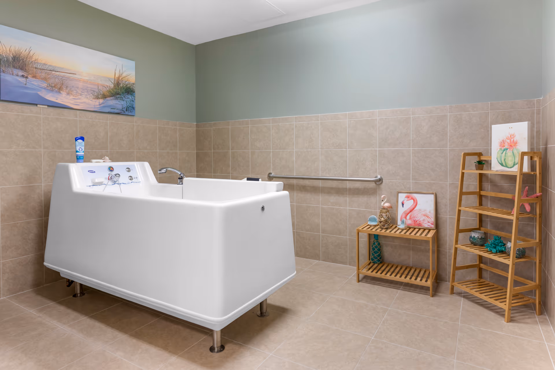 White accessible bathtub in a tiled bathroom with shelves and wall art.