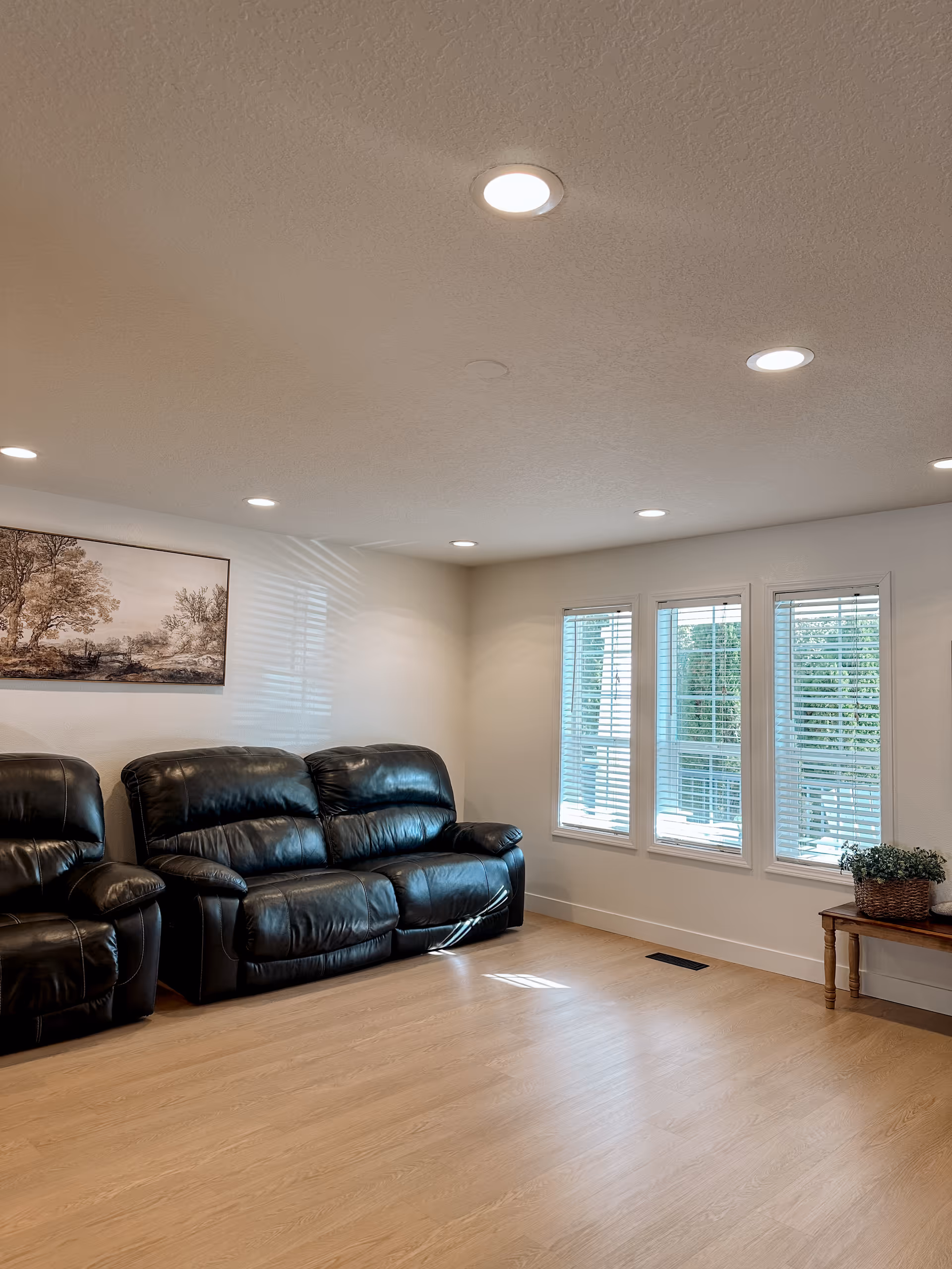 A bright living room with black leather couches, windows, and a small plant table.