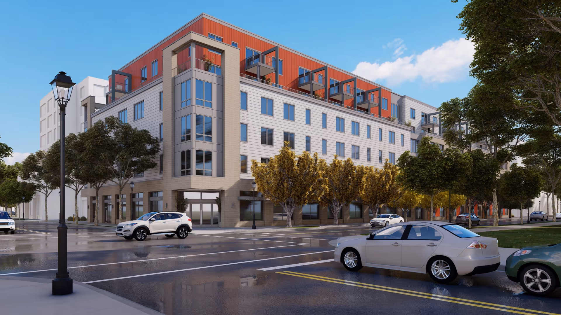 Rendered exterior of a modern, multi-story senior living building on a tree-lined street.