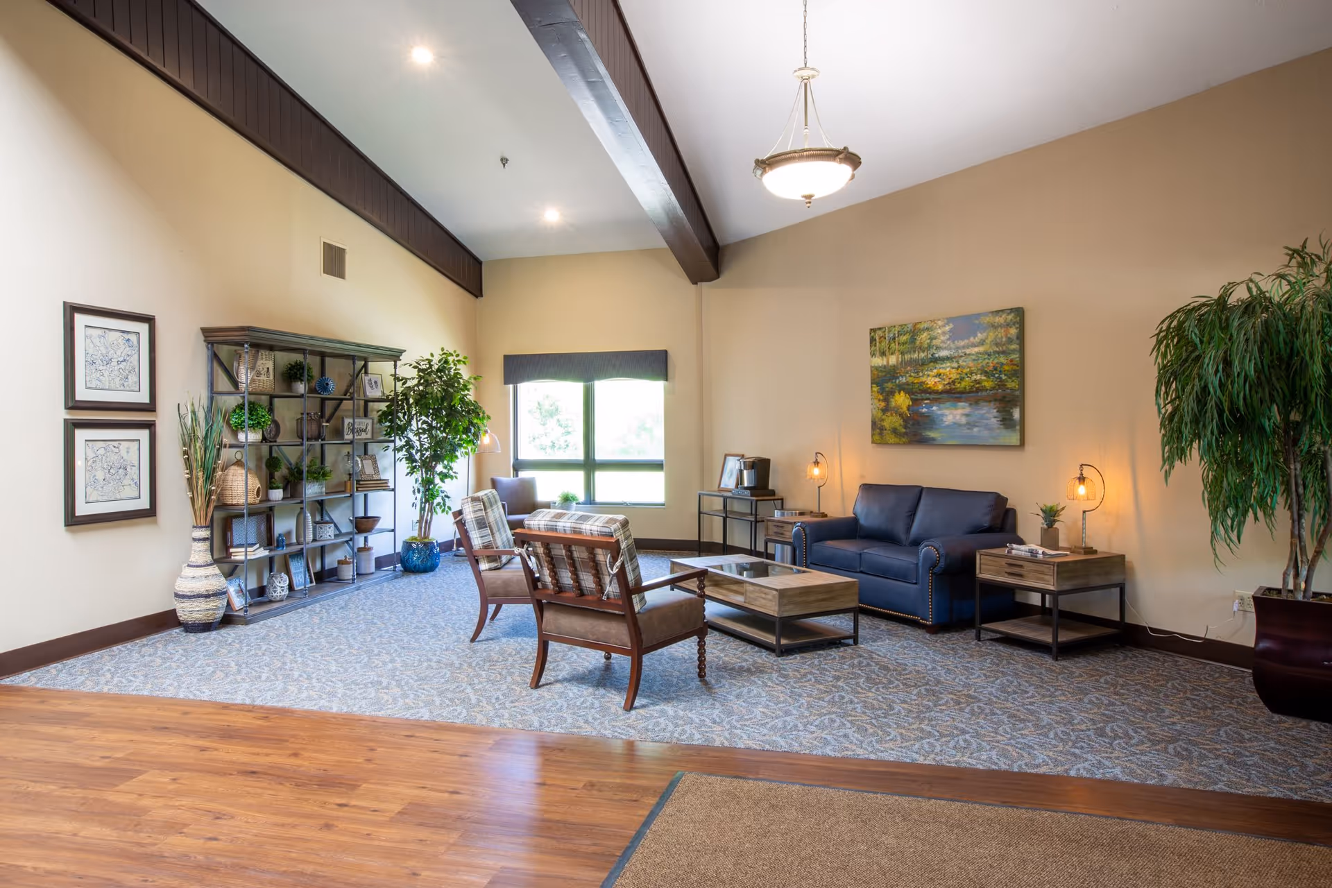 Bright senior living lounge with blue sofa, chairs, plants, lamps, and decorative shelving.