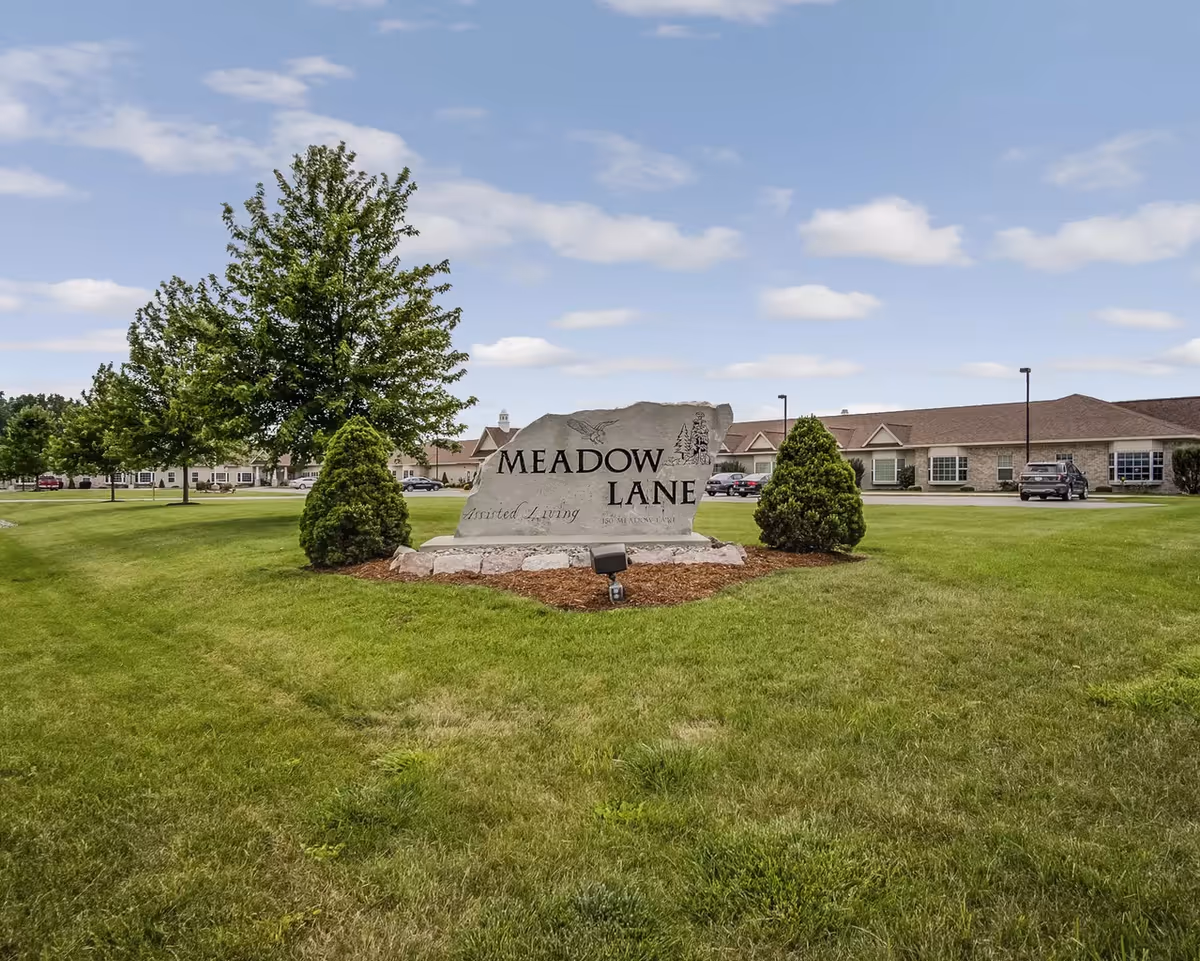 Grassy lawn foreground with Meadow Lane sign and a residential building in the background.