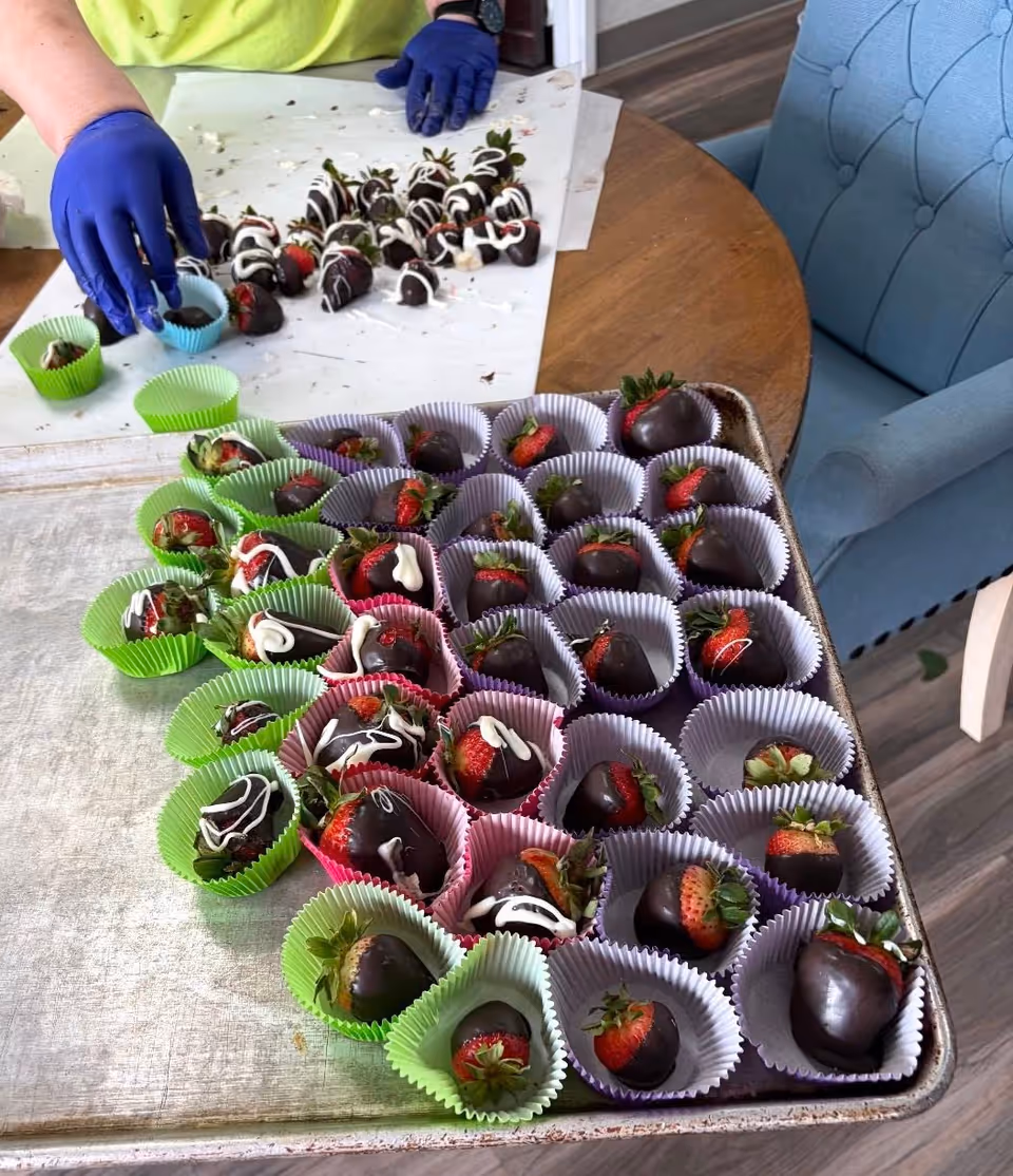 Close-up of chocolate-covered strawberries on a tray with gloved hands preparing treats.