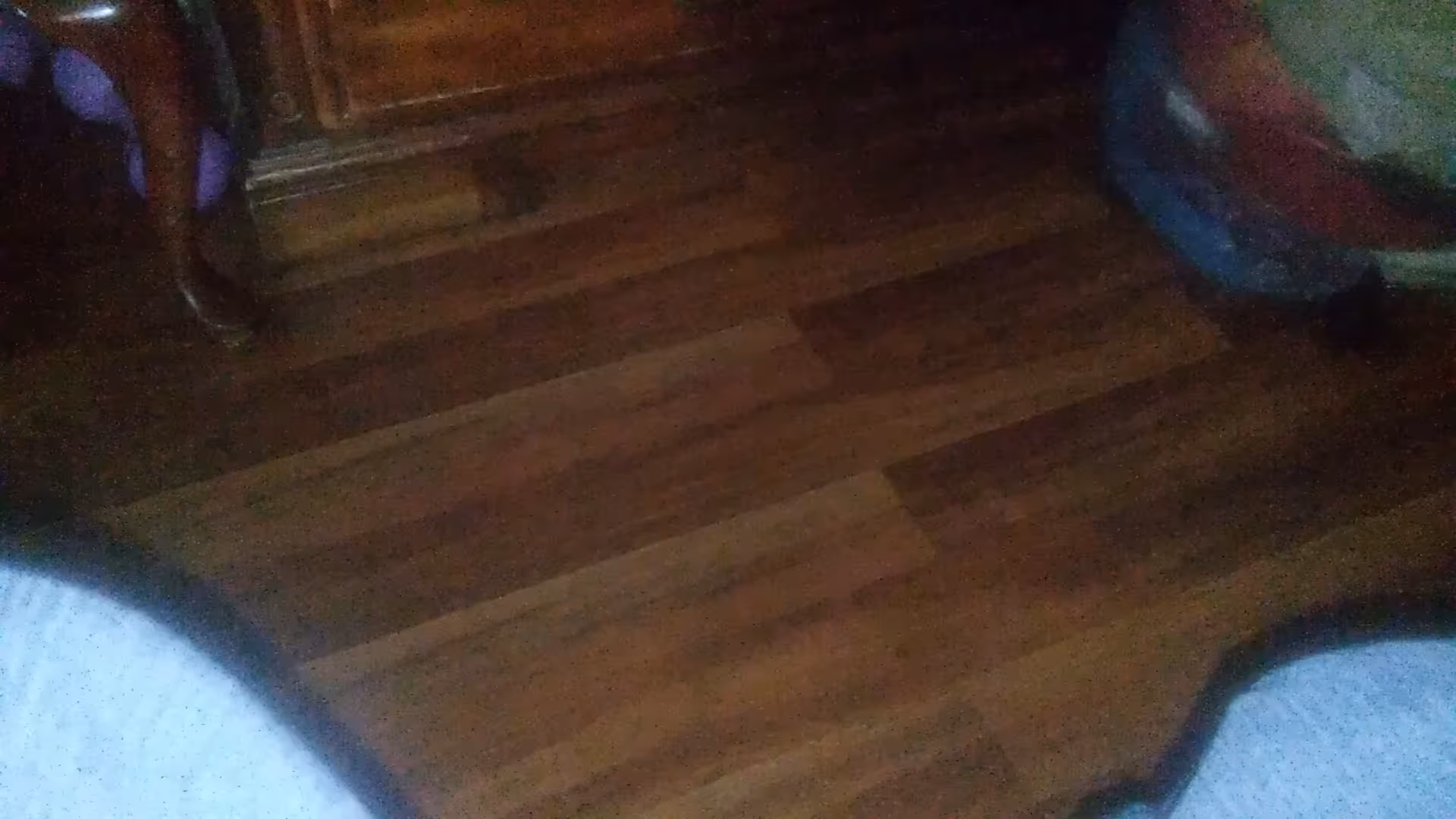 Dimly lit room with dark wood floor, partial furniture edges, and fabric-covered surfaces.