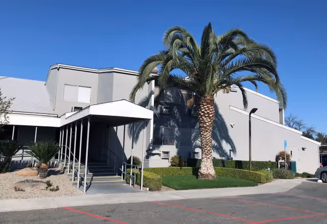 Exterior view of Vintage Gardens Assisted Living Community with stairs, a palm tree, and parking.