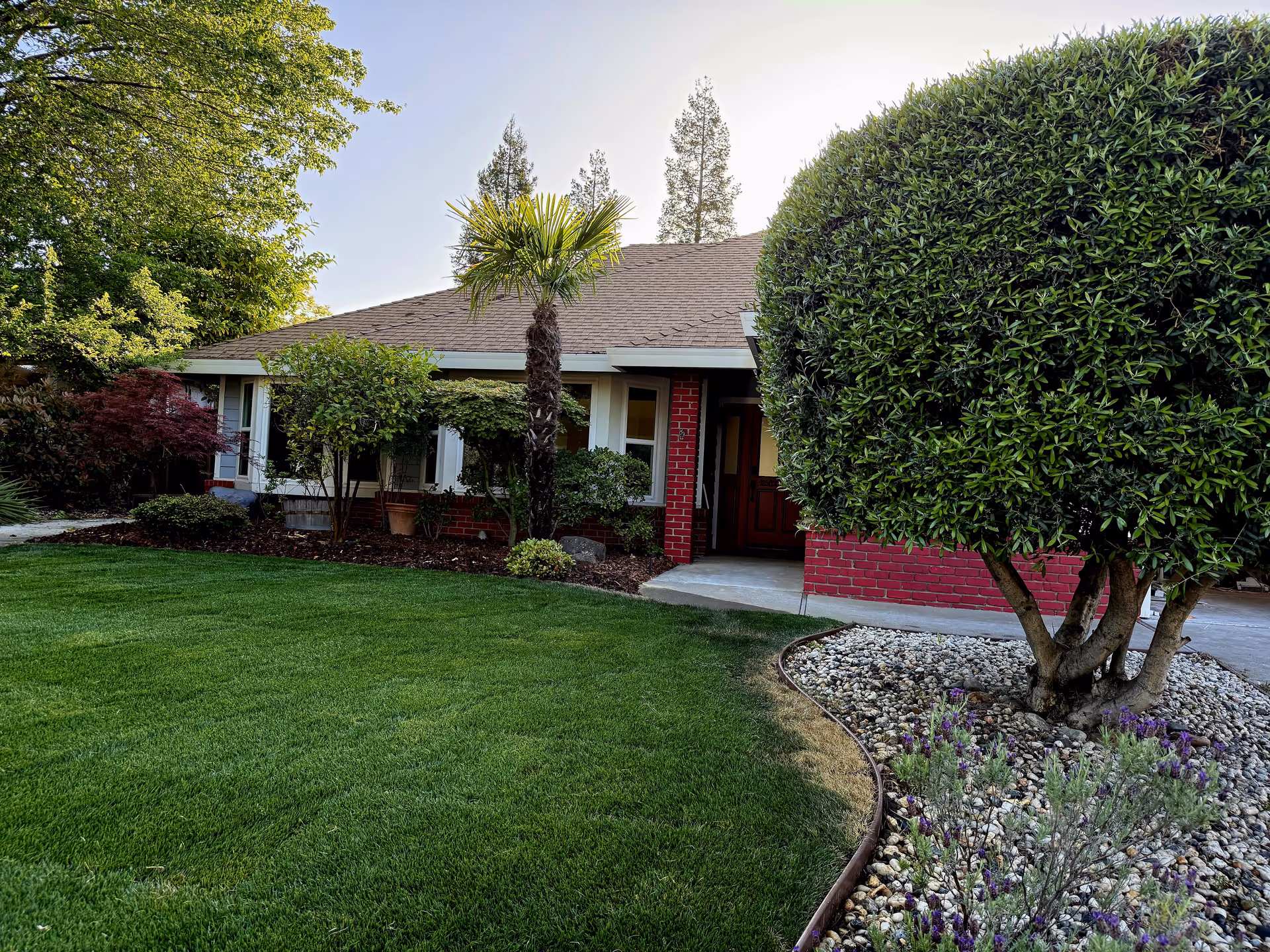 Front view of a single-story brick building with green lawn and trimmed shrubs.