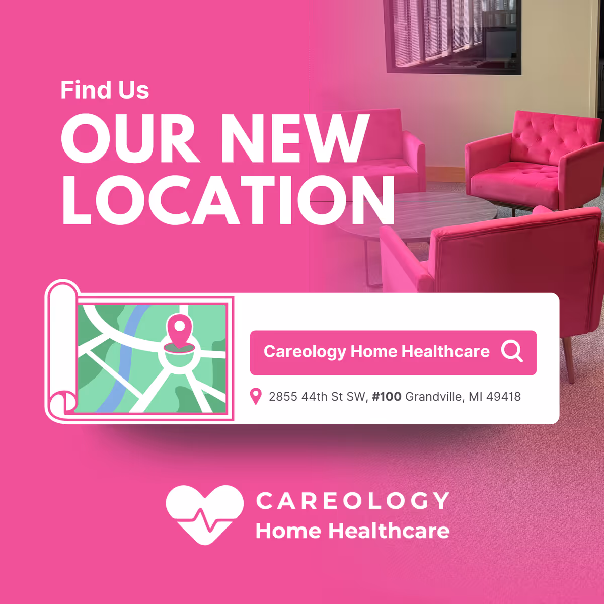 Bright pink lobby interior with modern pink chairs and a Careology advertisement
