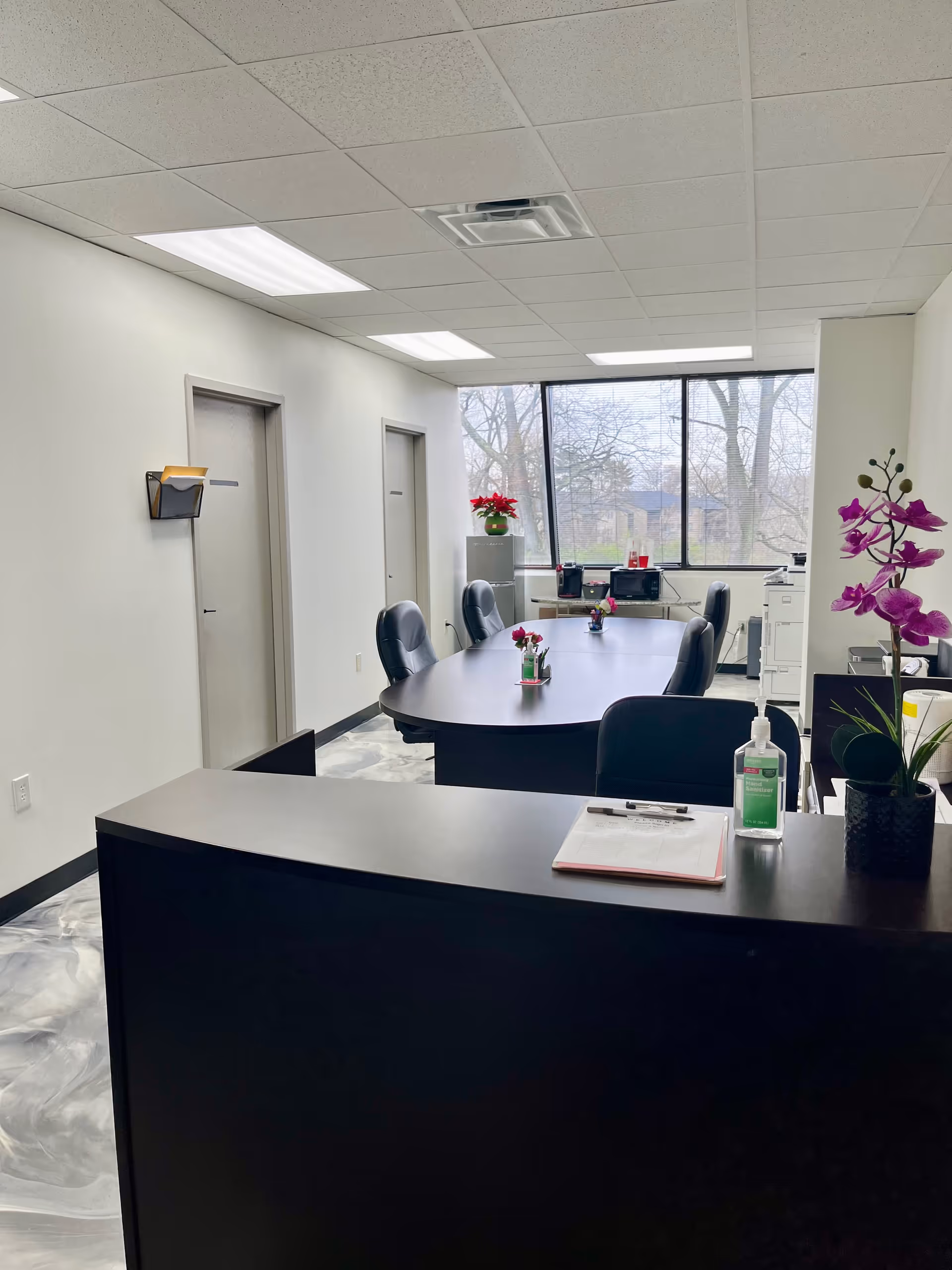 Office conference room with a dark reception desk, oval table, chairs, plants, and large window.