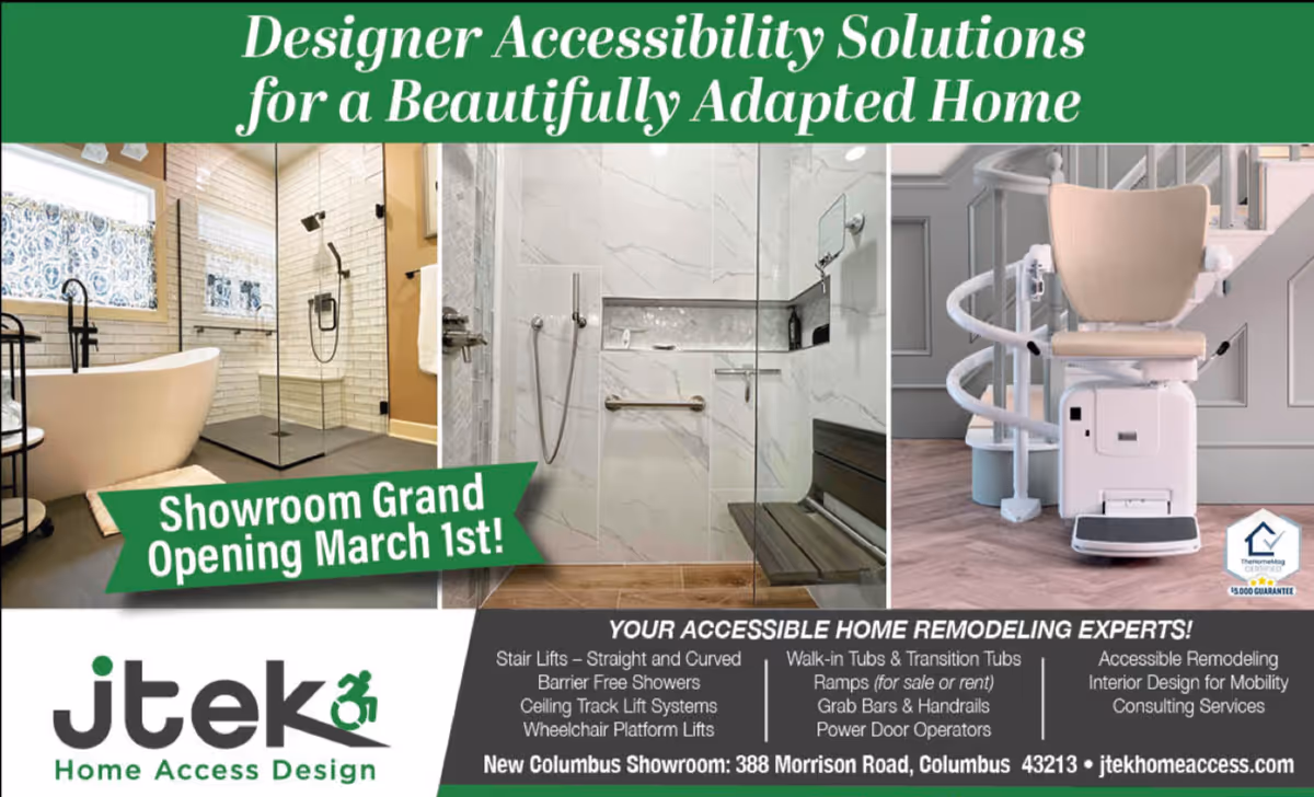 A collage of accessible bathrooms featuring a tub, glass shower, and lift chair in a showroom.