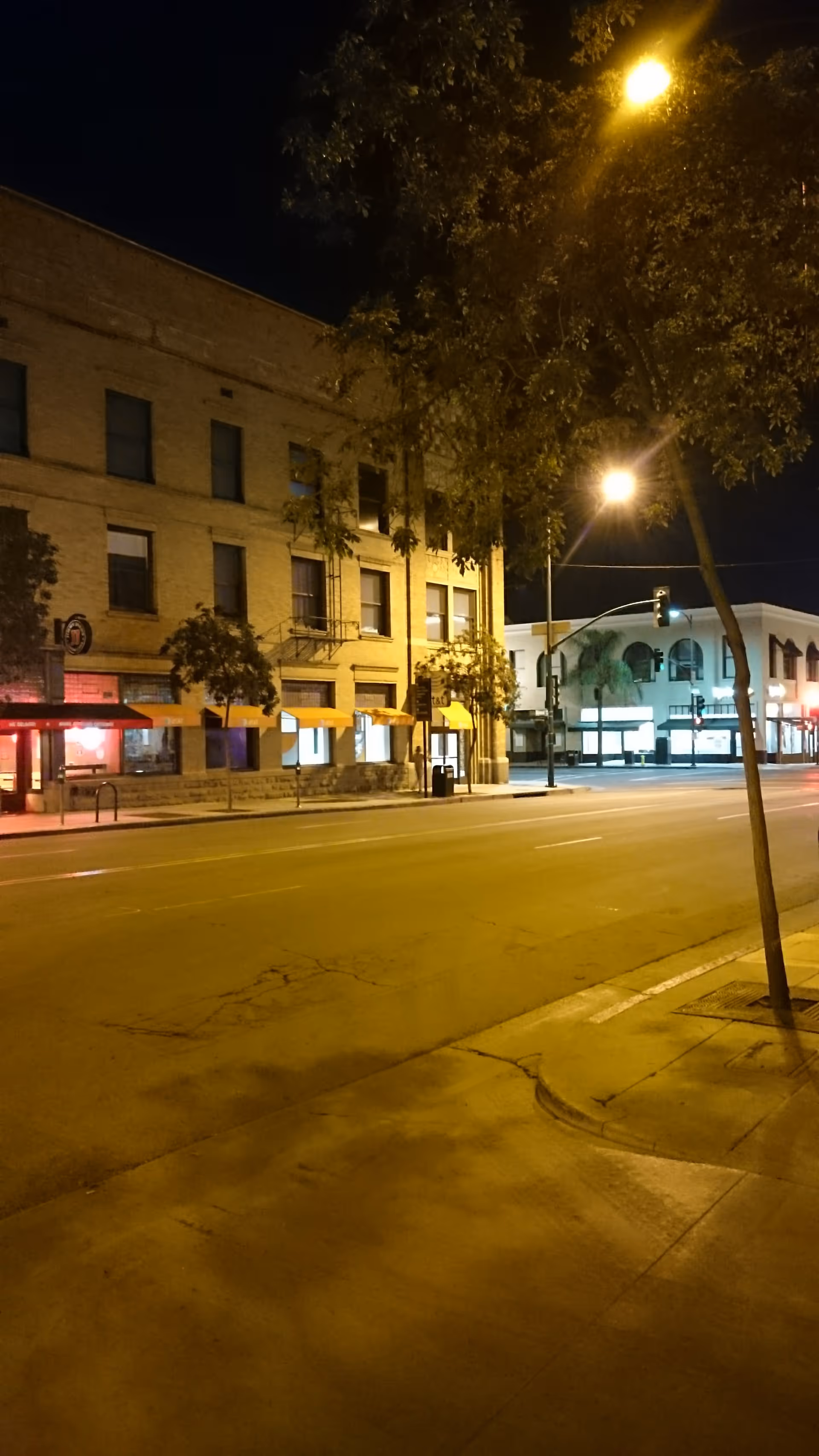 Night street view of building facades, trees, and illuminated storefronts.