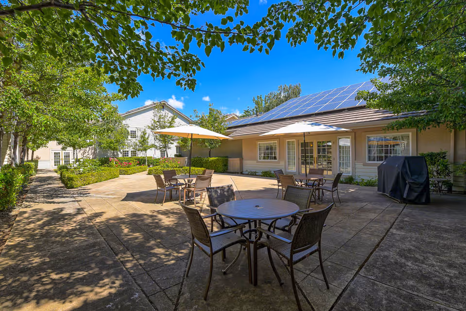 Outdoor patio area at Diamond Terrace with several round tables and chairs, some shaded by large umbrellas. The patio is surrounded by trees and bushes, with a building featuring solar panels on the roof in the background under a clear blue sky.