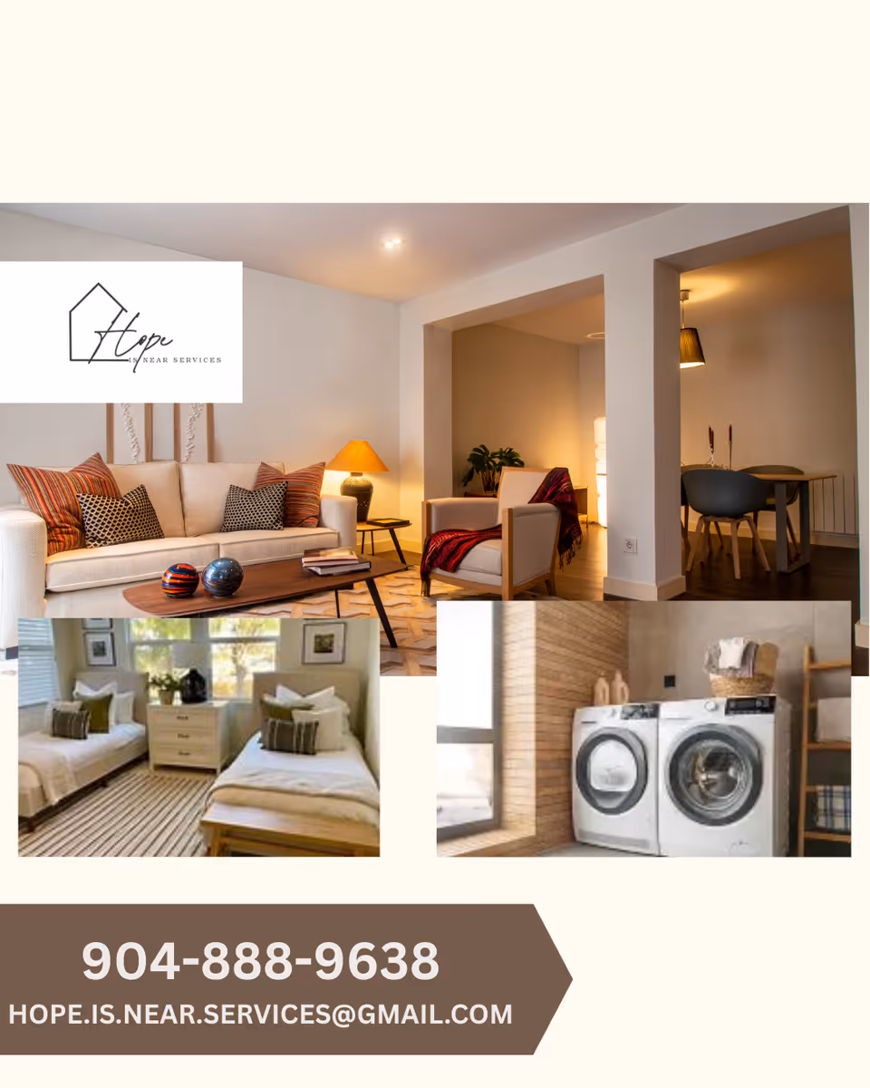Collage of interior spaces: living room, bedrooms, and laundry area in a senior living facility.