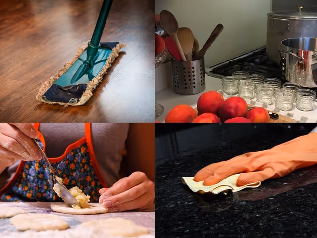 Collage of interior scenes: mop on floor, kitchen utensils, pizza prep, and countertop wiping.