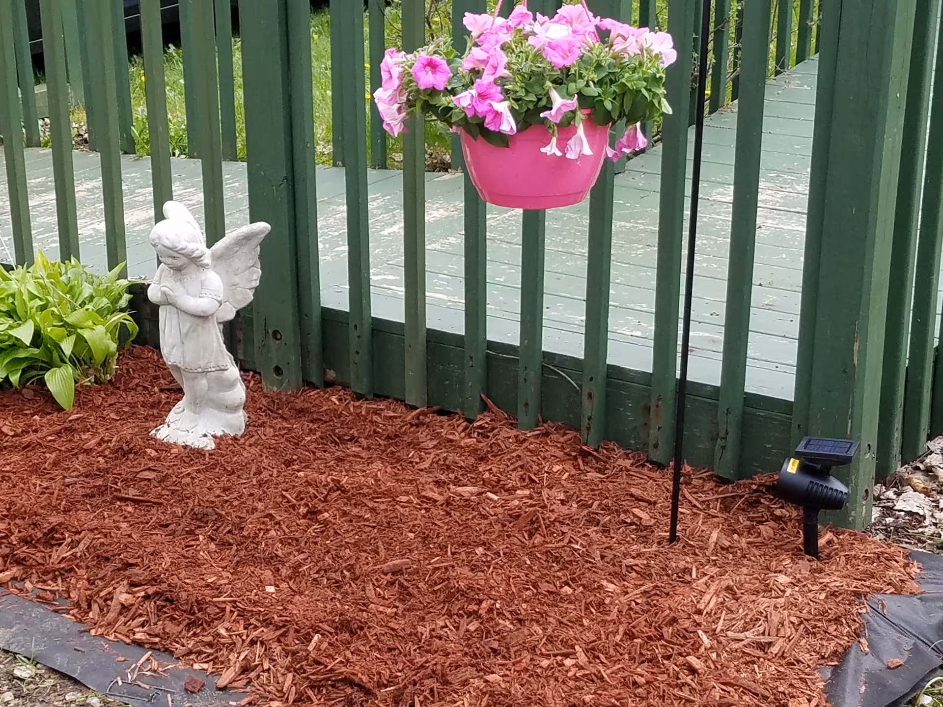 Outdoor garden area beside a green fence features a pink hanging planter and angel statue.