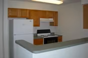 Compact kitchen area with a white refrigerator, stove, wooden cabinets, and a pass-through counter.