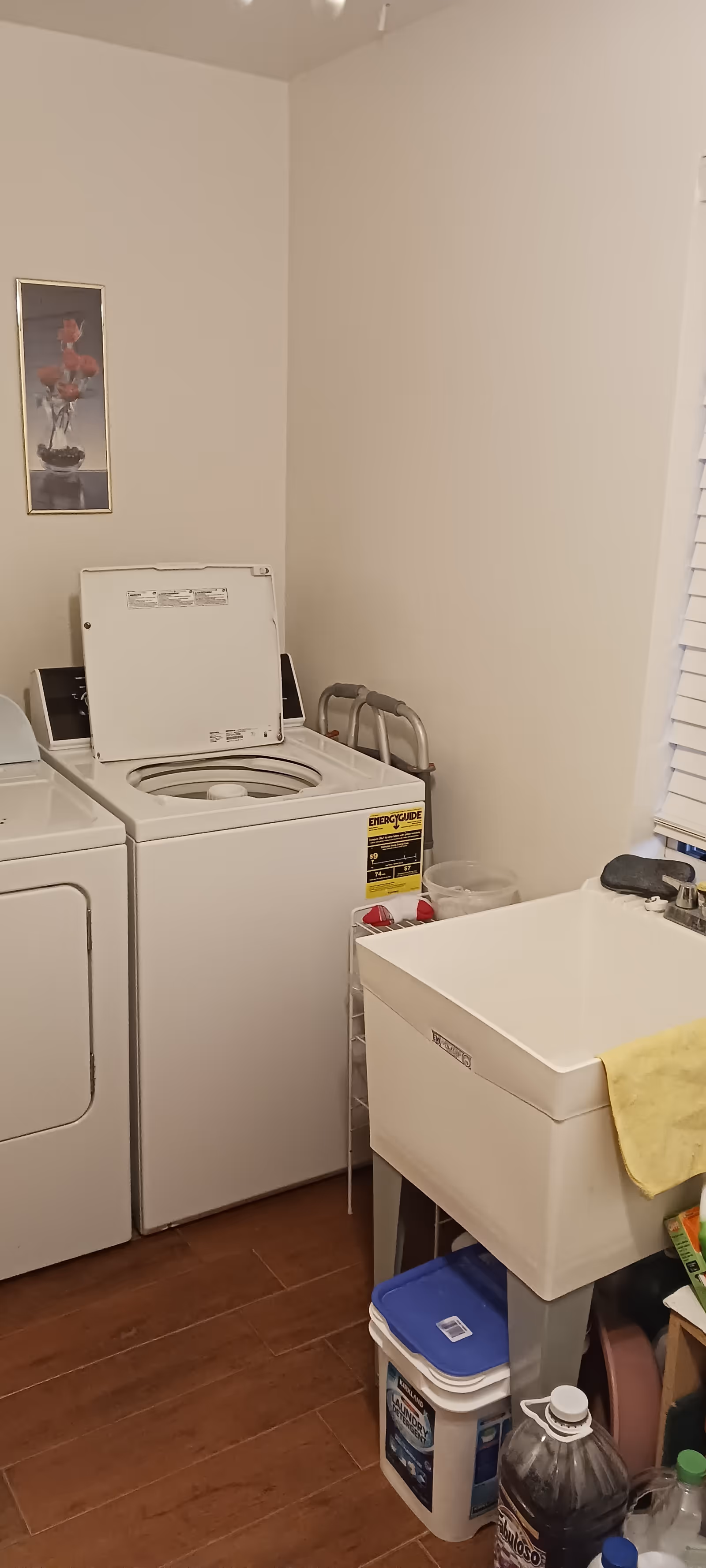 Laundry area with top-loading washing machines, utility sink, cleaning supplies, and storage.