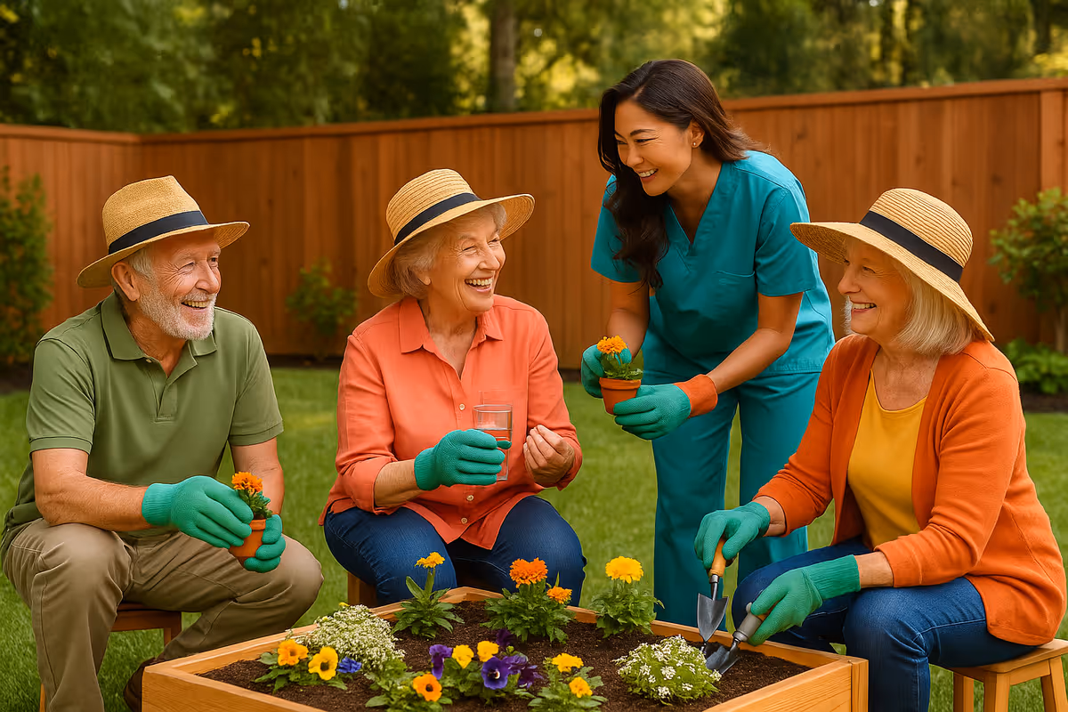 Four seniors and a caregiver garden outdoors, smiling around a raised flower bed.